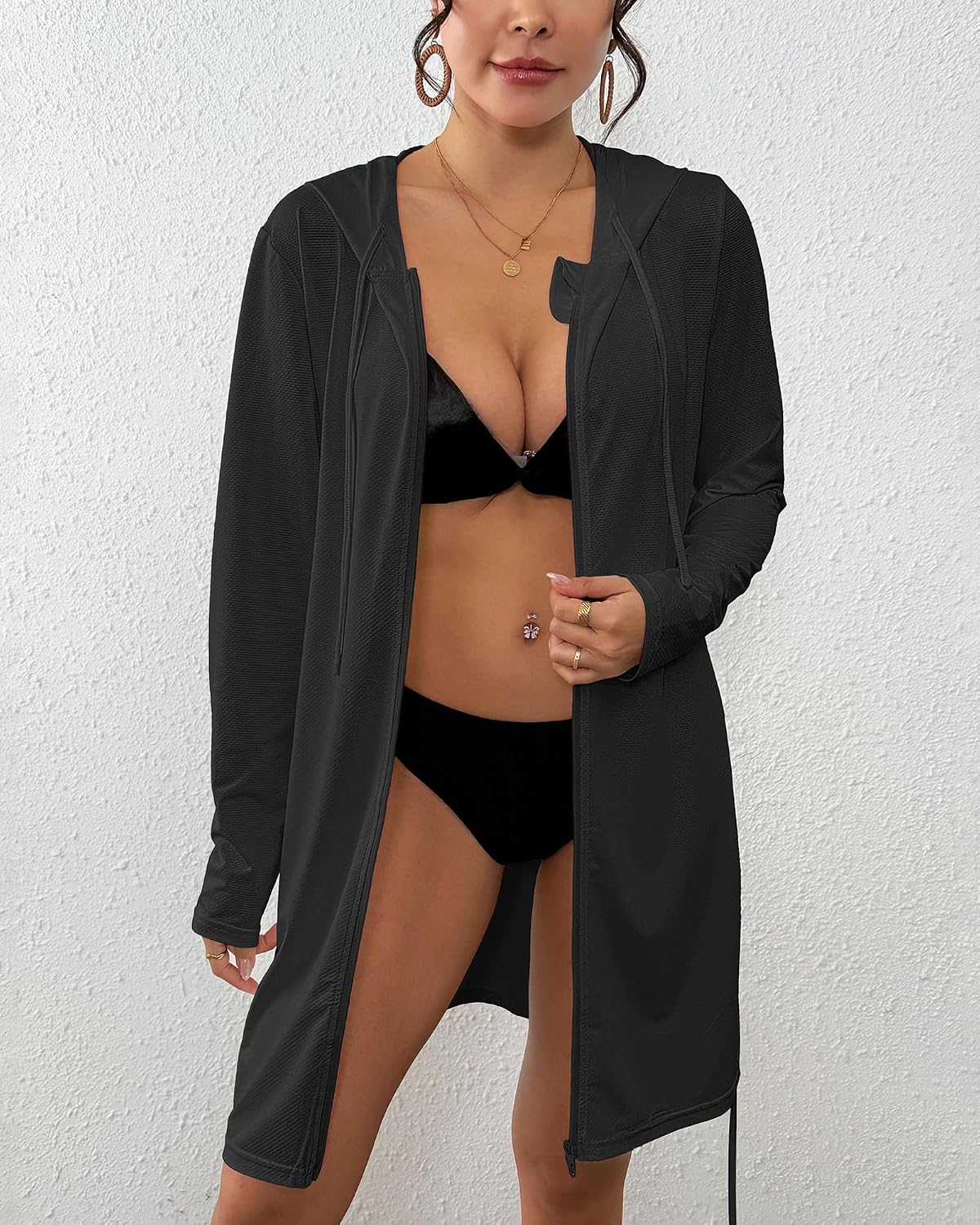 Bsubseach Womens Swim Cover Up UPF 50+ Long Sleeve Hooded Zip Jacket Sun Protection SPF Drawstring Beach Coverup Dress