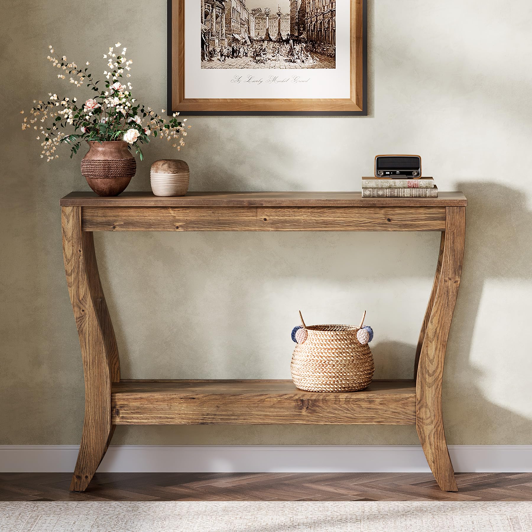Tavolo consolle in legno massiccio con vano portaoggetti, 105 cm, tavolino da corridoio con ripiano, divano a 2 livelli, in legno, per soggiorno, corridoio, ingresso, marrone