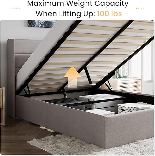 Miniatura 8 de SHA CERLIN Cama de almacenamiento elevable cabecera con respaldo alado marco de cama tapizado no necesita somier soporte de listones de madera beige