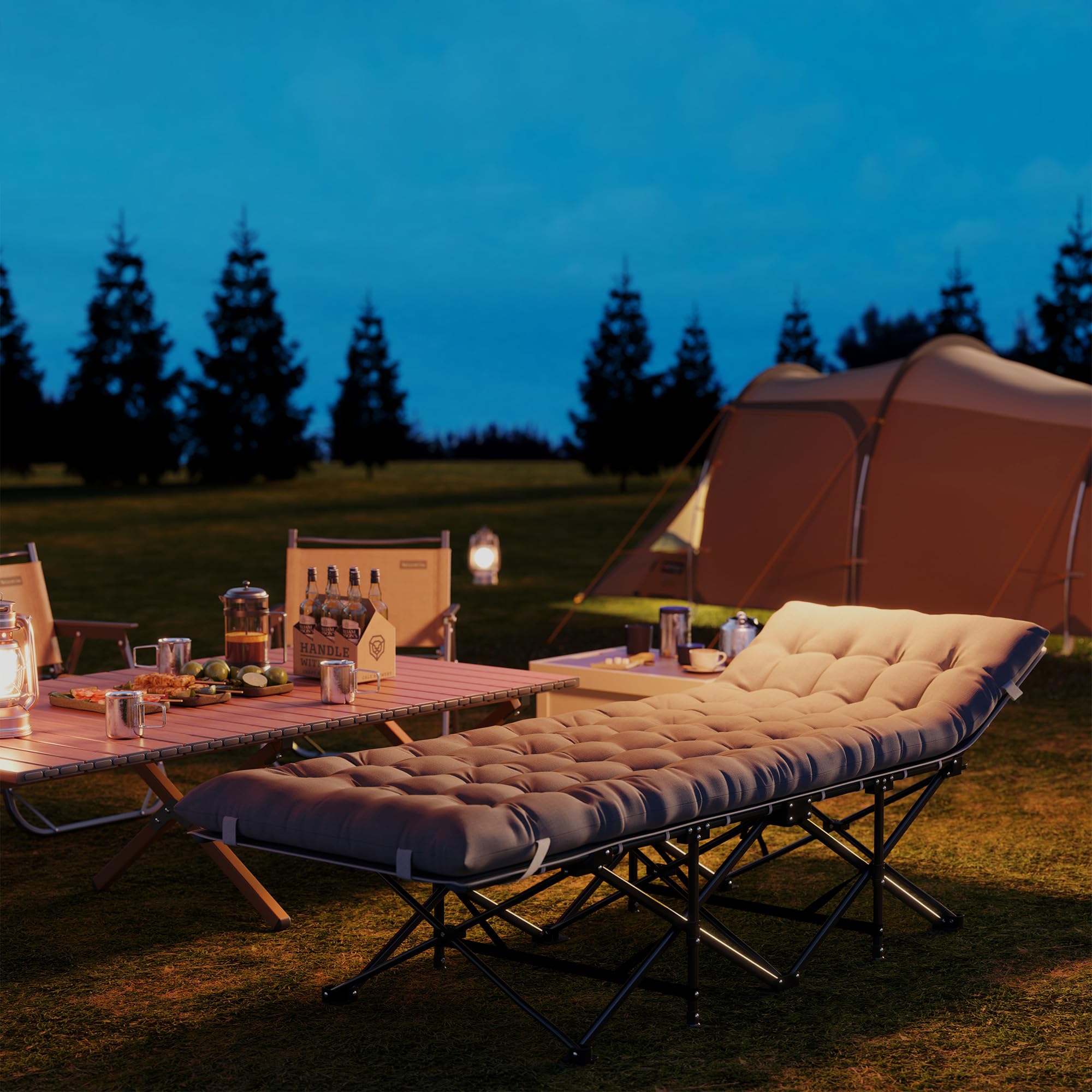 Outsunny Lit de Camping Pliable avec Matelas, Lit de Camp Pliant, Pochette latérale et Sac intégré, transat Chaise Longue en métal et Tissu Oxford, 185 x 68 x 37 cm, Charge 150 kg, Gris Clair