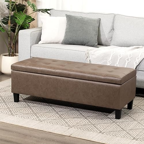 Miniatura 15 de Asense Banco otomano rectangular de microfibra con parte superior de elevación, reposapiés con patas de madera maciza, ribete de cabeza de clavo