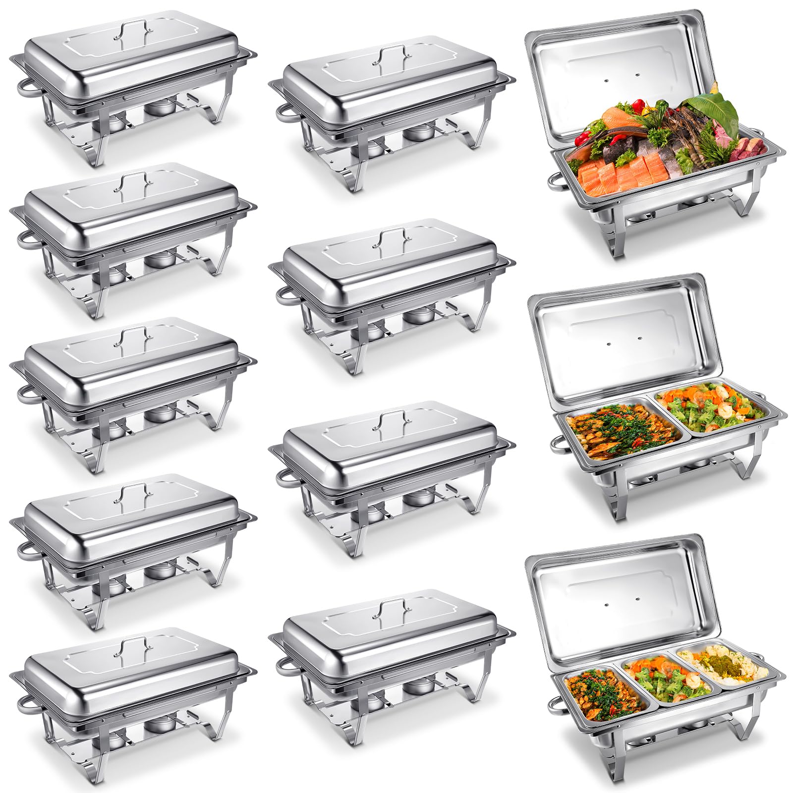 Hoolerry 12 Pcs Chafing Dish Buffet Set 9 Qt Stainless Steel Chafer Full Size Half Size 1/3 Size Chafing Food Pans Rectangular Catering Warmer Set for Parties Banquet Wedding Serving Dining