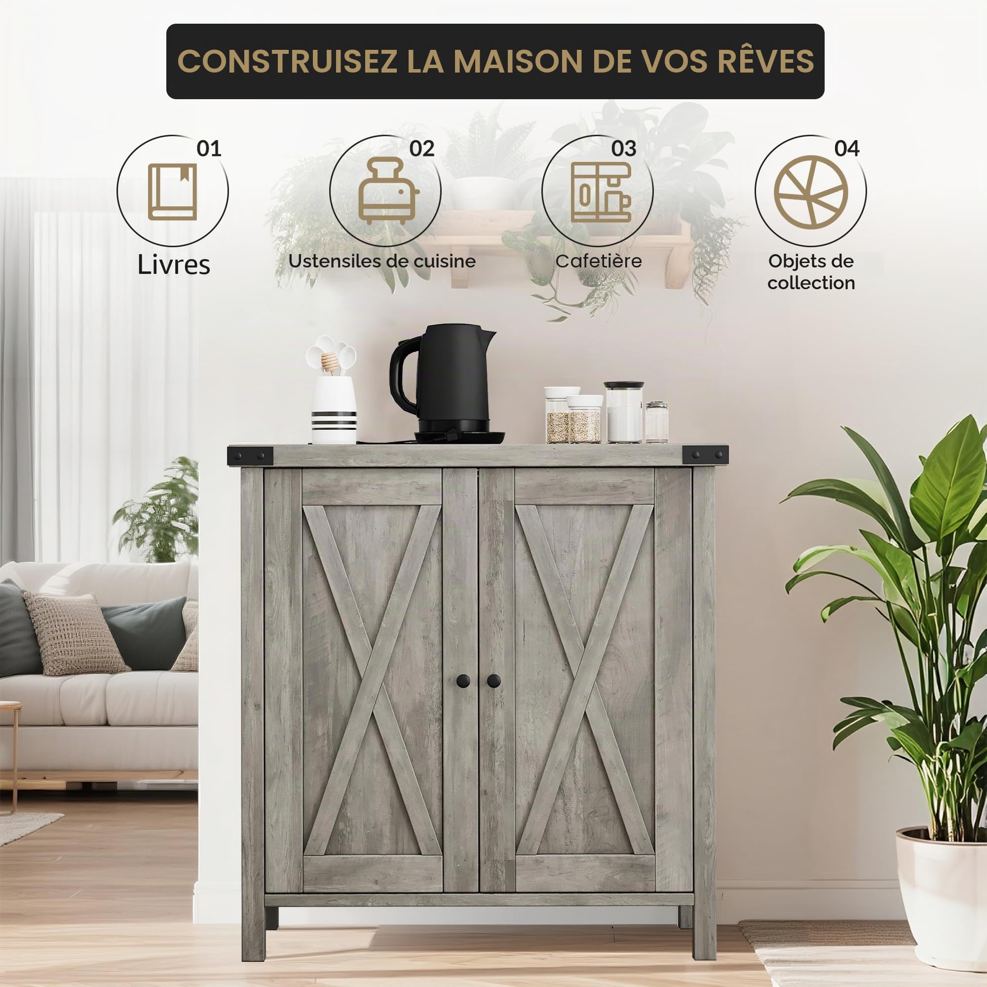 Buffet, armoire de cuisine avec portes, plan de travail et étagères réglables, style maison de campagne pour cuisine, salle à manger, salon, 76 x 40 x 80 cm, gris