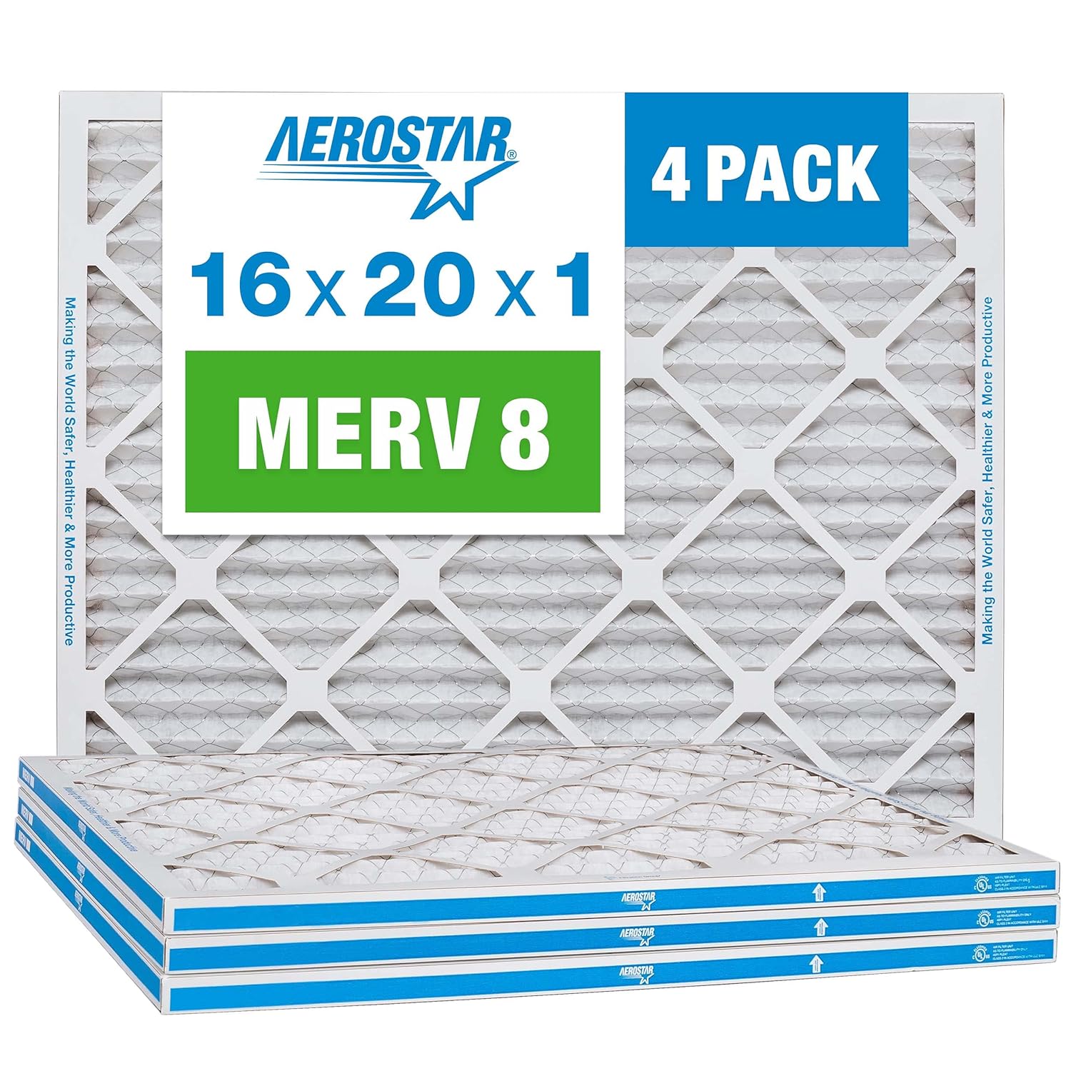 Aerostar 16x20x1 MERV 8 Pleated Air Filter, AC Furnace Air Filter, 4 Pack (Actual Size: 15 3/4"x19 3/4"x3/4")