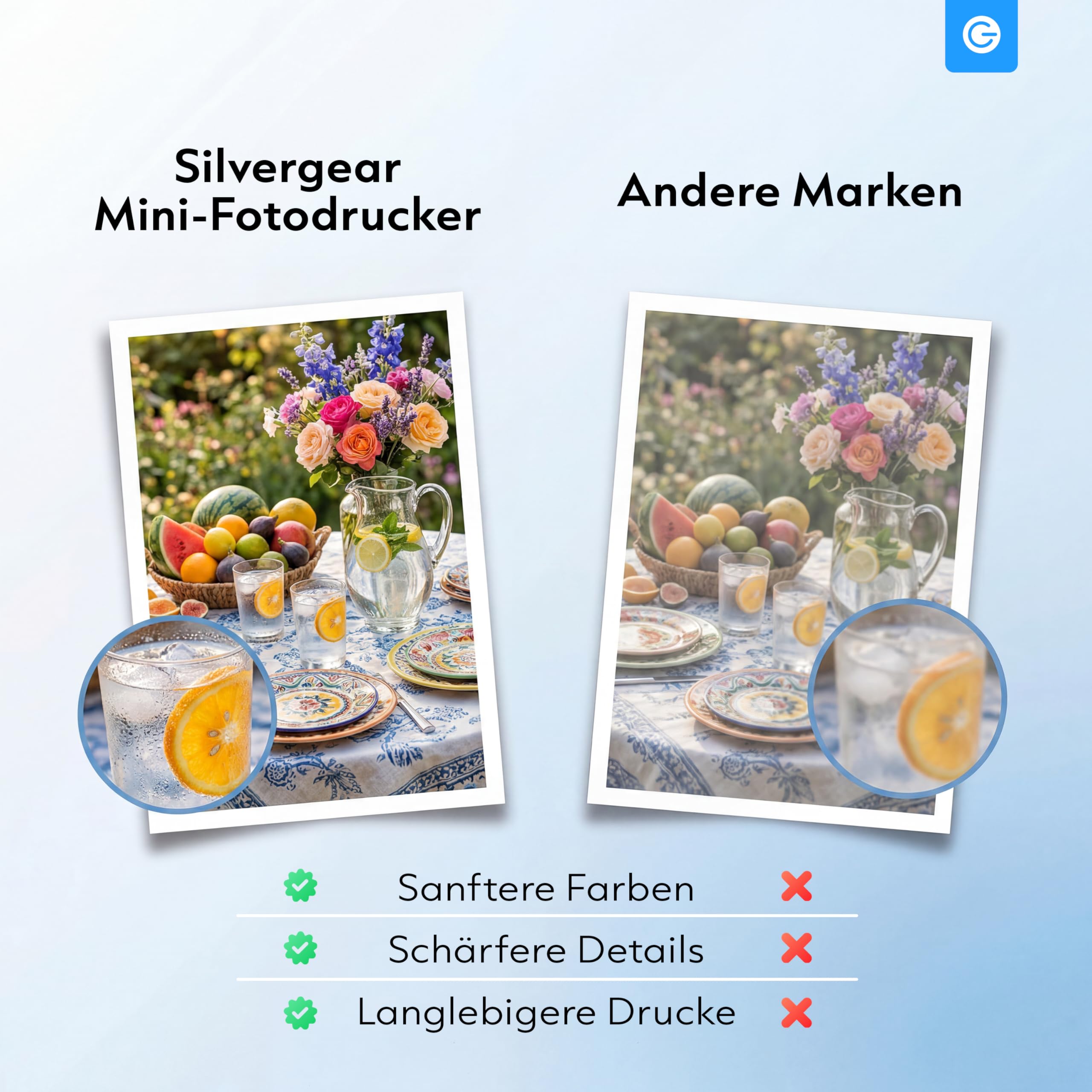 Silvergear® Fotodrucker für Smartphone | Mini Drucker Bluetooth mit App | iOS & Android | 300dpi Sofortbilddrucker | 4Pass-Farbsublimation | Hochzeit & Journaling | inkl. Fotoblätter 5,4×8,2cm | Weiß