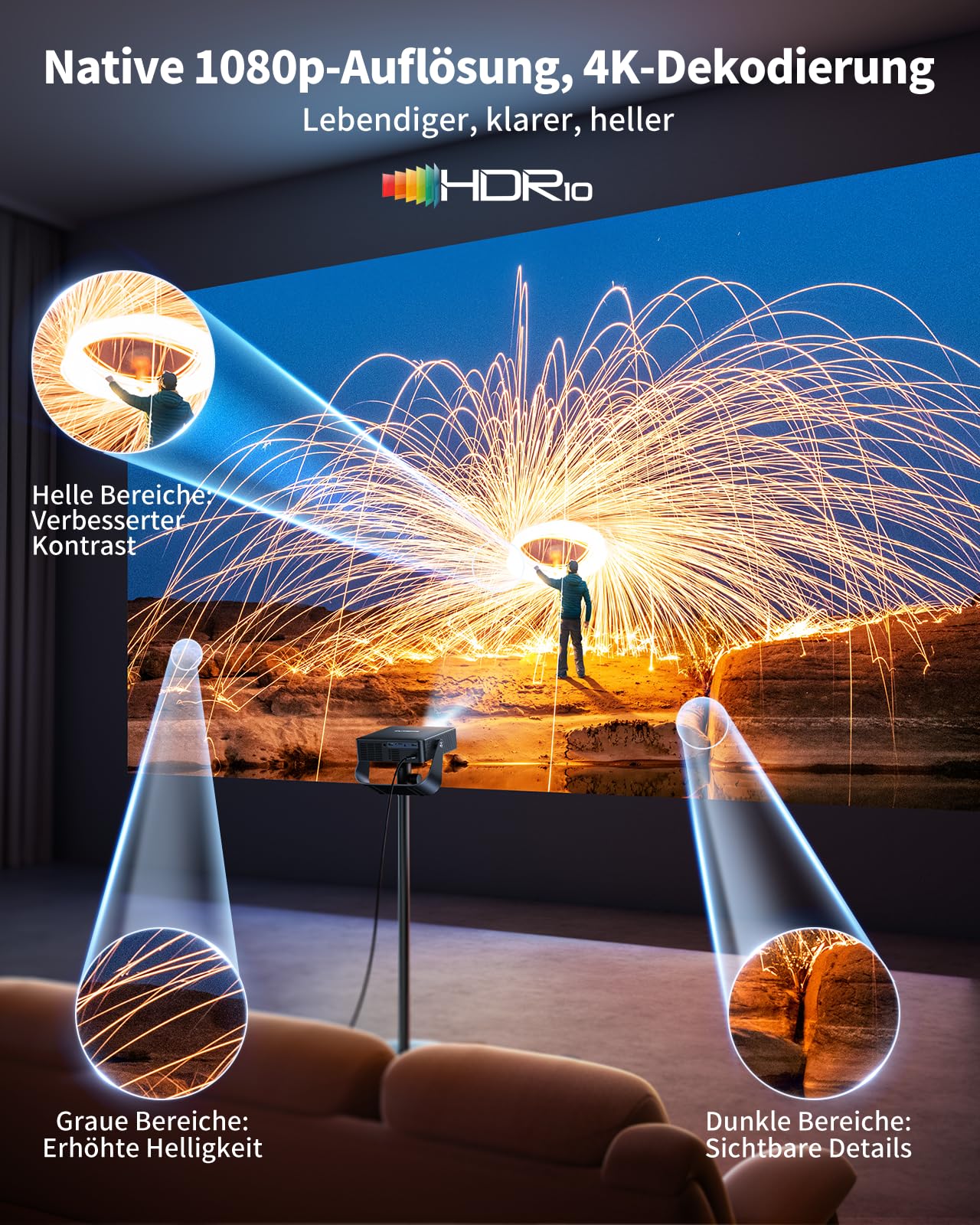 Smart Beamer【Kompatibel mit Netflix/Live TV/330° Drehbar】 Mini Beamer 4K mit Autofokus/6D Trapezkorrektur, Mini Projector 4K 1080P Full HD WiFi6 & Bluetooth Heimkino/Outdoor Klein Projektor für Handy