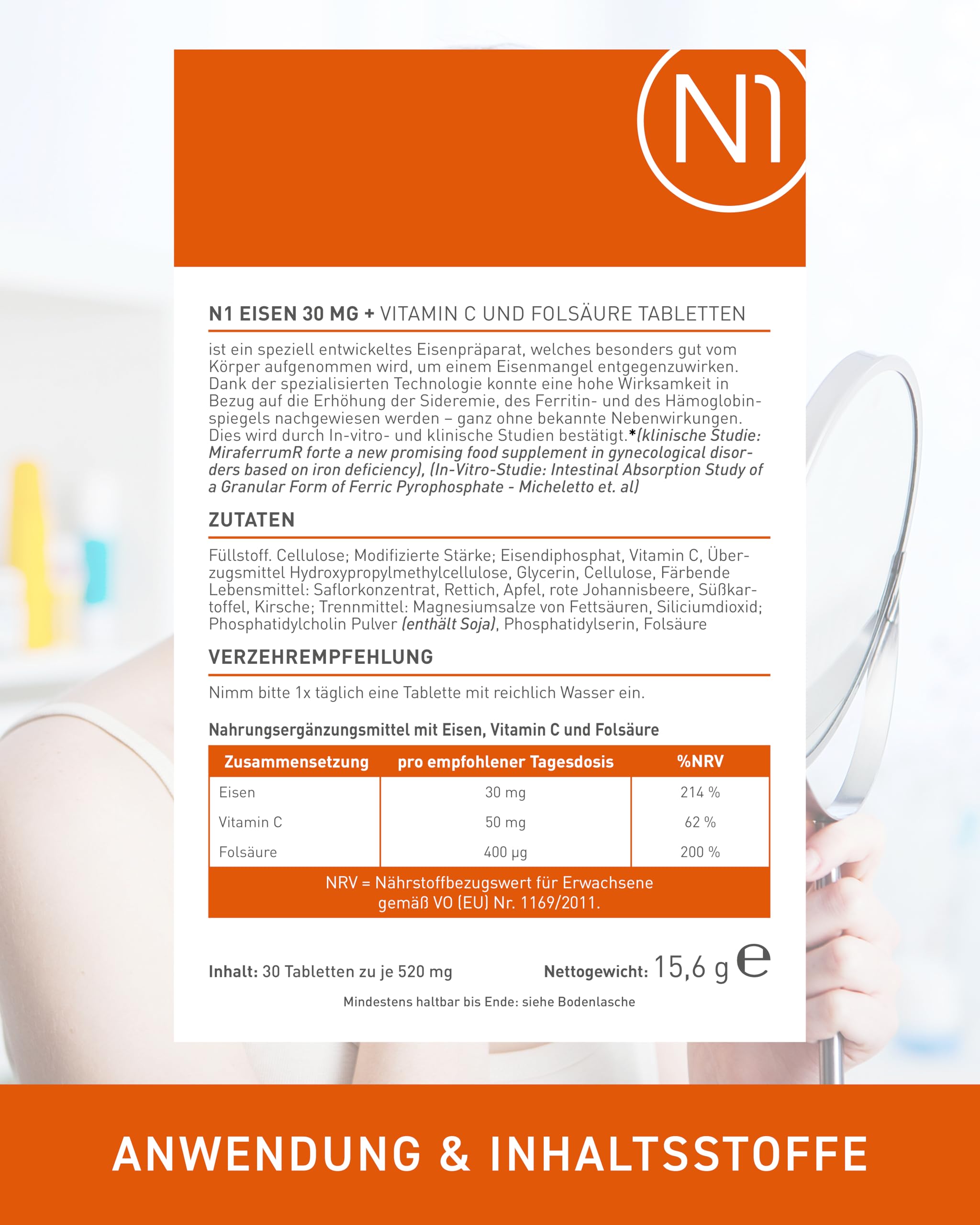 N1 Hierro 30 mg + tabletas de vitamina C y ácido fólico – Alta biodisponibilidad – 90 comprimidos – Alta dosis – Sistema inmunológico – Metabolismo energético