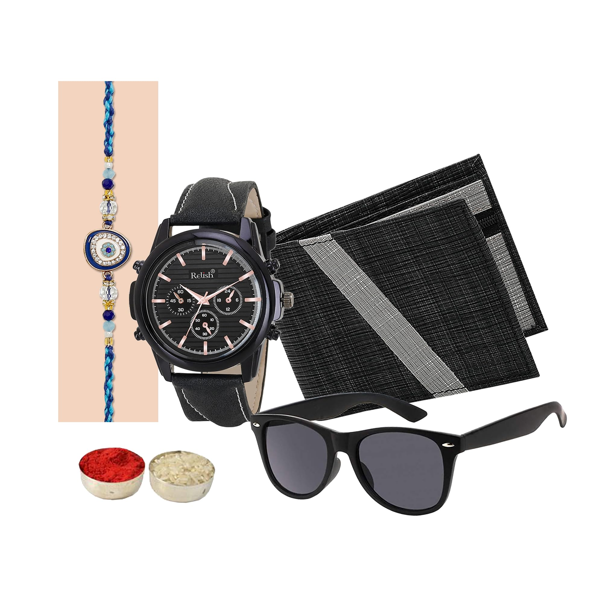 Relish Raksha Bandhan Gift for Brother Analogue Mens Watch & Wayfarer Sunglasses, Wallet, Rakhi, Roli, Chawal | Rakhi for Brother| (B0C5M3LSNT) Amazon Price History, Amazon Price Tracker