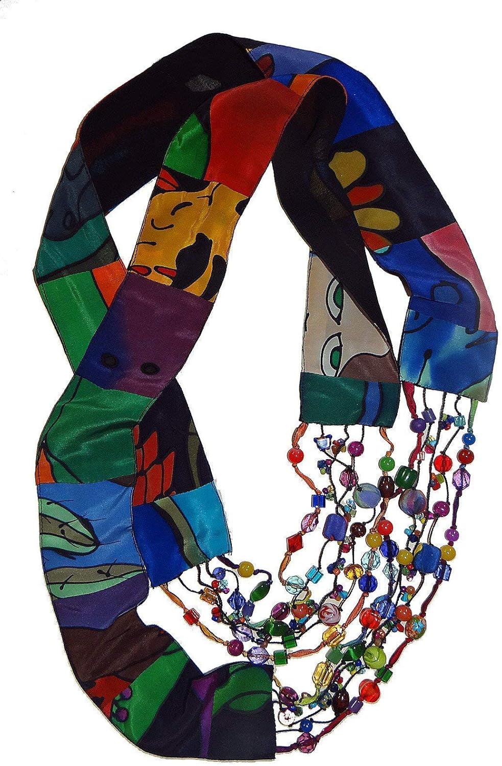 Women's Reversible Handmade Scarf Necklace, Infinity Style, Hand Painted Silk with Non Precious Bead Accents - LRW DESIGNS