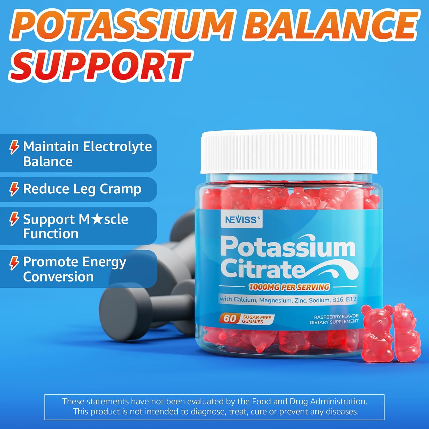 Potassium Citrate 1000mg Gummies, Potassium Magnesium Supplement + Calcium, Zinc, Sodium, Vitamin B6, B12, Support Leg Cramps, Electrolyte Balance, Body Performance, Energy Boost, Sugar Free, 120 Cts - Image 4