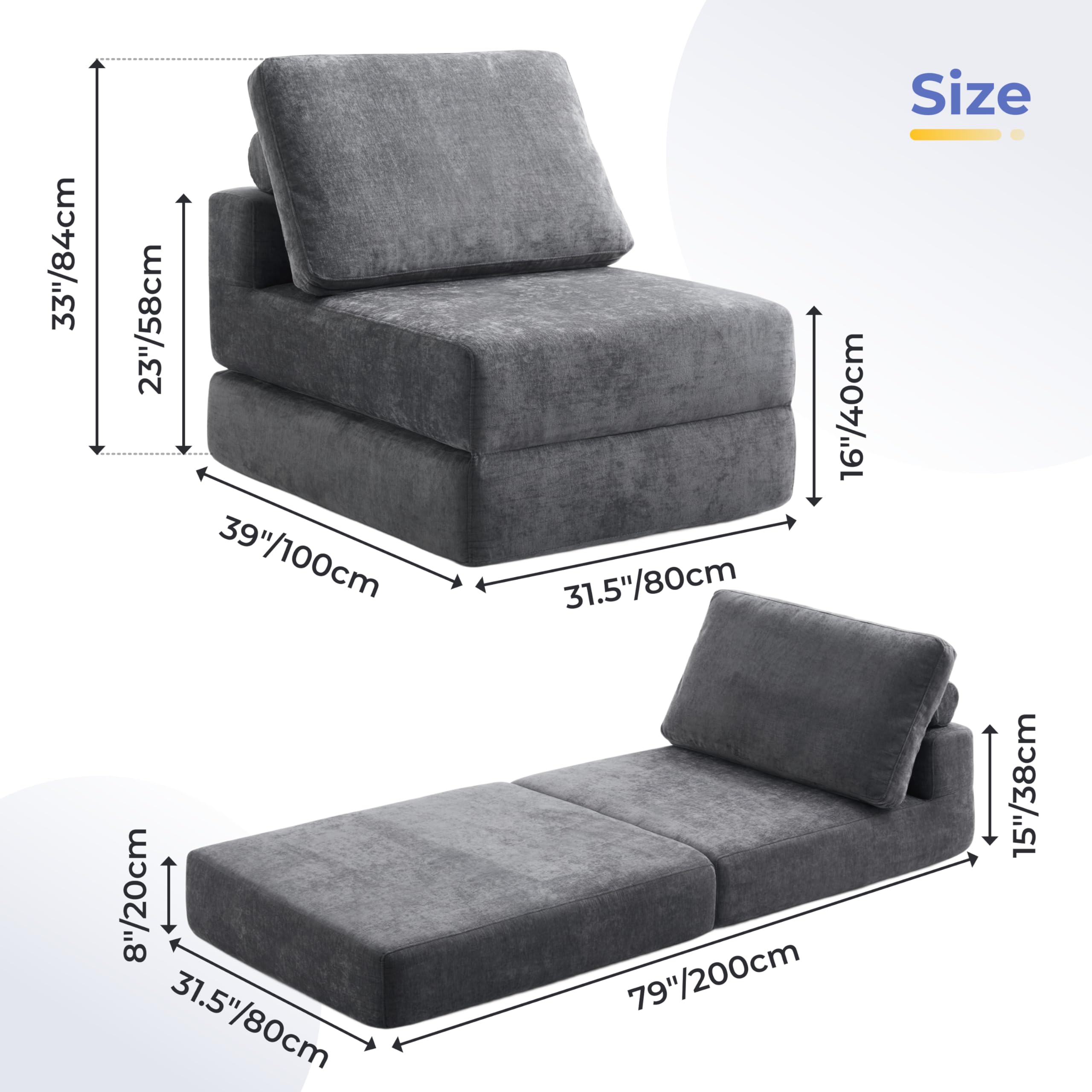 Jamdok Divano pieghevole per adulti, poltrona letto con funzione letto extra spesso, 20 cm, divano letto con schiuma fredda ad alta densità, materasso pieghevole per soggiorno, lofts (1, senza