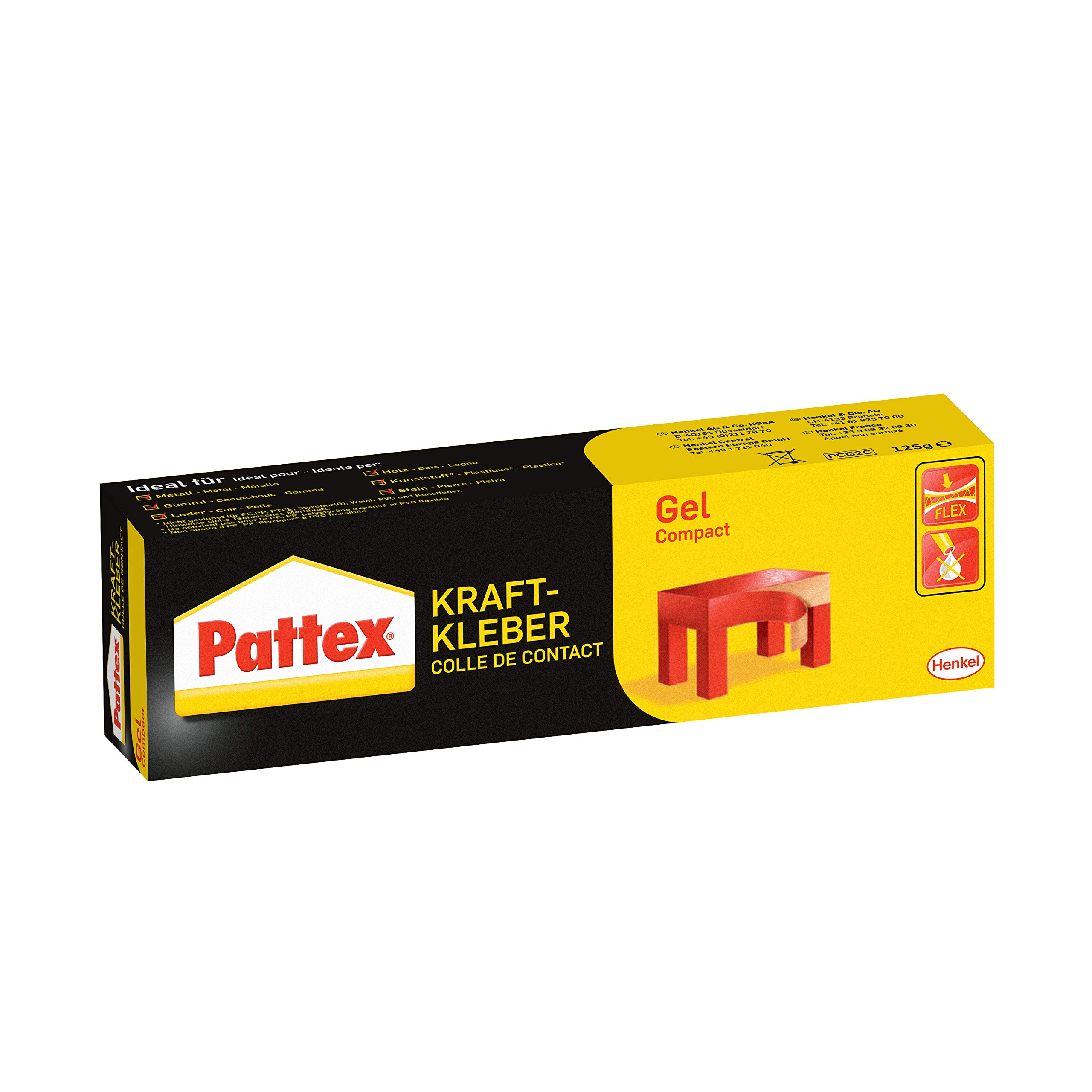 Pattex Kraftkleber Compact, Colle Extra Forte sans Gouttes ni Fils, Colle pour Surfaces Verticales et poreuses, 125 g Colle de Contact sous Forme de Gel