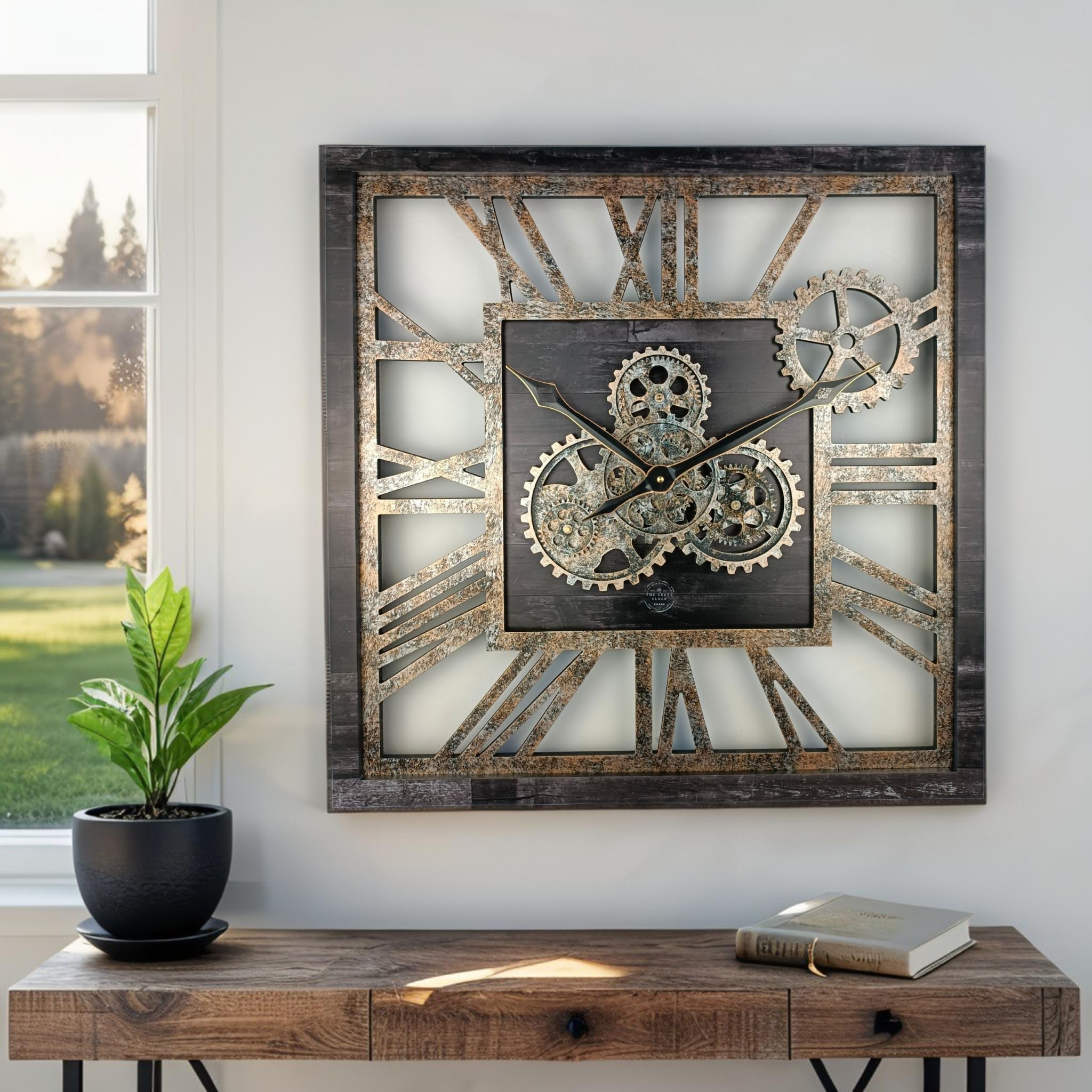 ImprovingLife The Gears Clock Horloge murale carrée de 61 cm à engrenages mobiles réels de style vintage industriel rustique surdimensionné (Noir vintage)