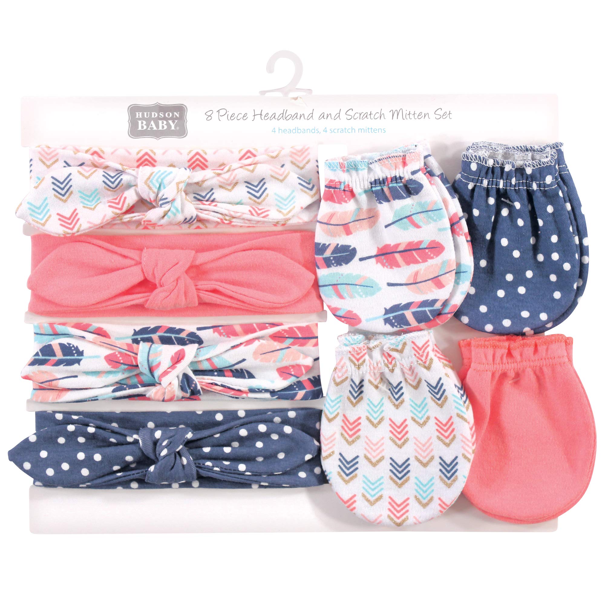 Hudson Baby Unisex Baby Cotton Headband and Scratch Mitten Set, Feathers, 0-6 Months