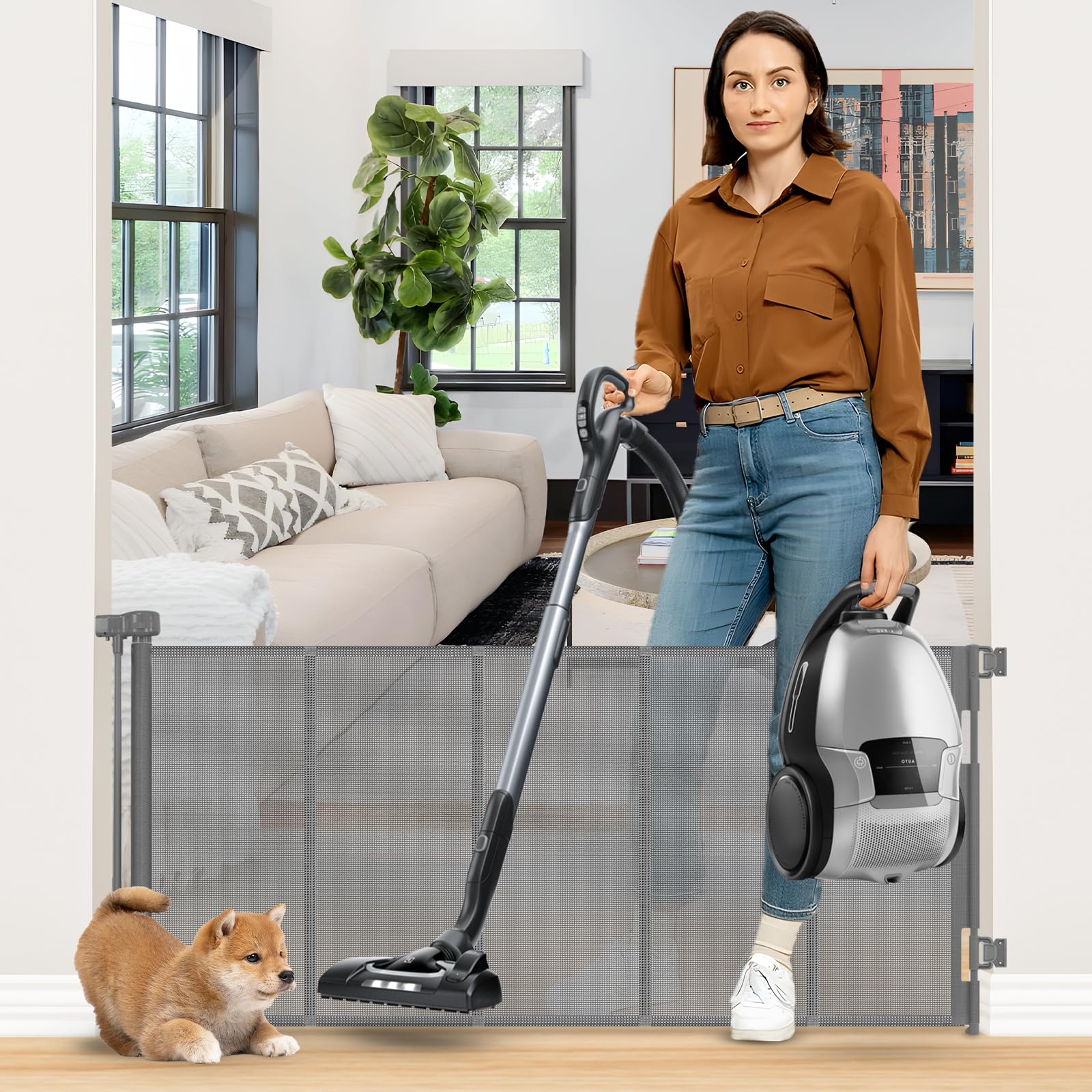 26 Inch Tall Step Over Retractable Pet Gate with Support Beam 55" Wide Retractable Dog Gates for The House Short Dog Gate Outdoor Retractable Gate for