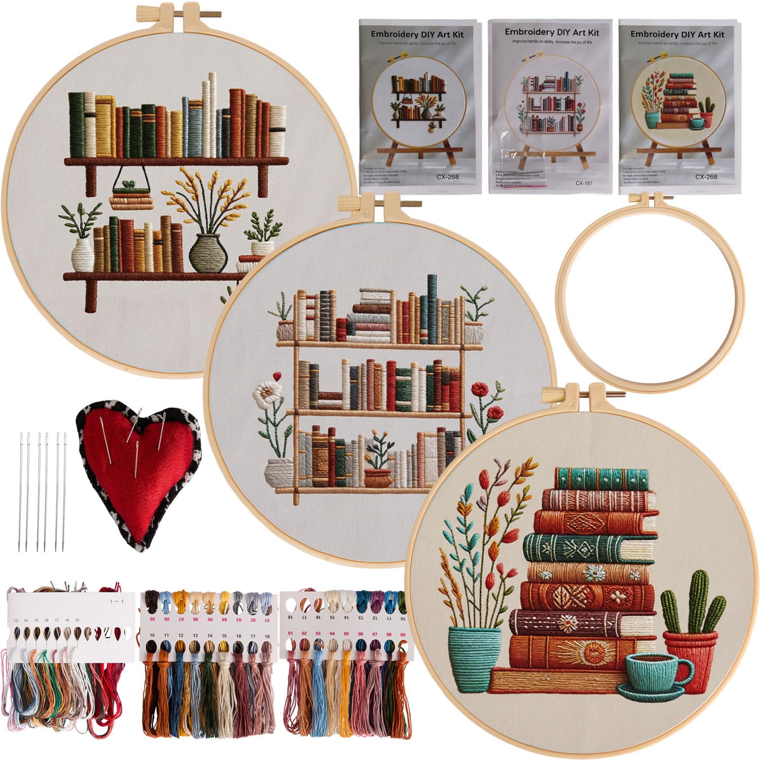 CREAWONDER 3-Set Embroidery and Punch Needle Kit for Beginners: 8’’ Flowers & Books + Elegant Bookshelf Design, Complete Starter Kit with Hoop, Threads, Needles, Instructions for Home Office Decor