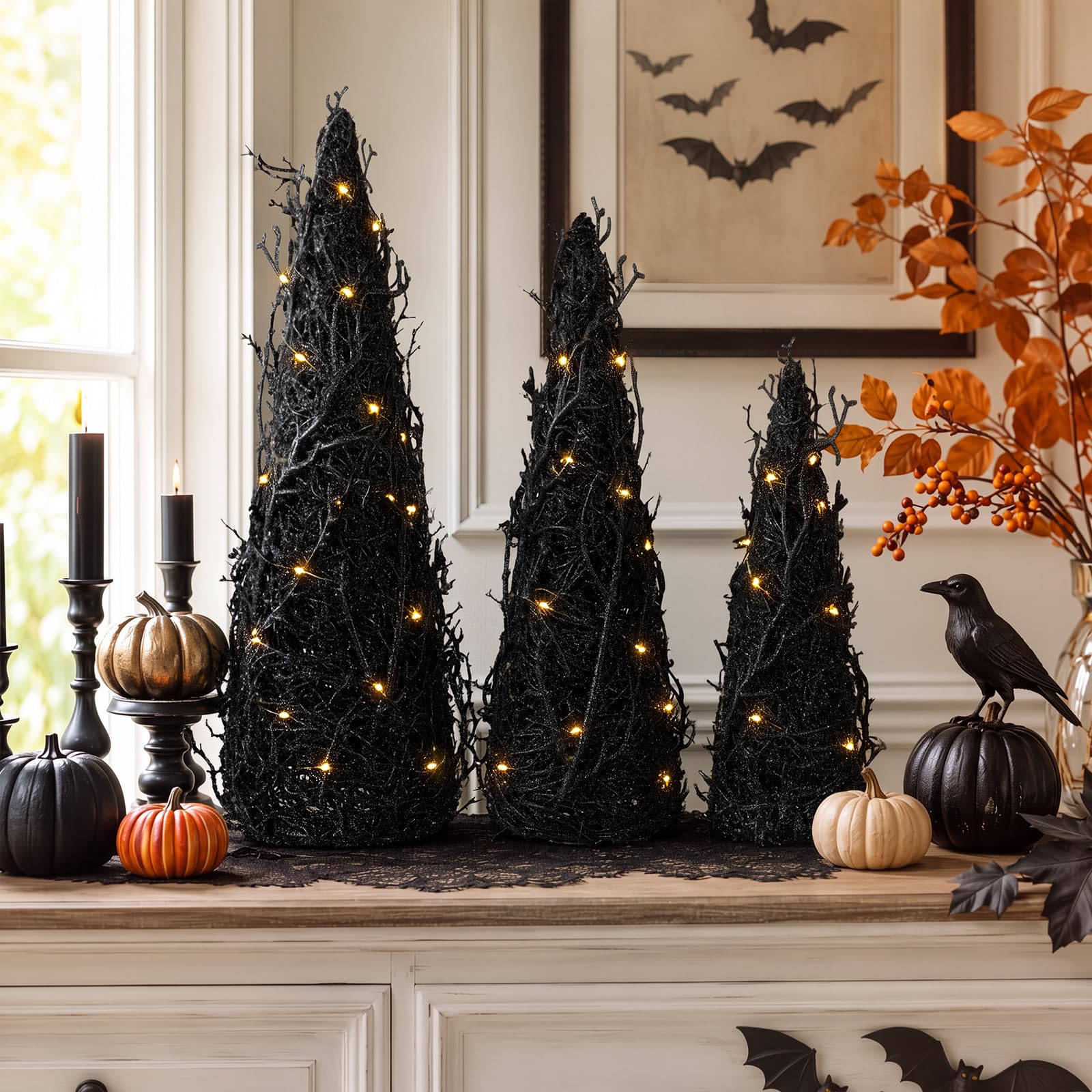 Thyle 3 decorazioni per albero di Halloween, albero di Halloween, nero, con luci a LED, decorazione per interni ed esterni