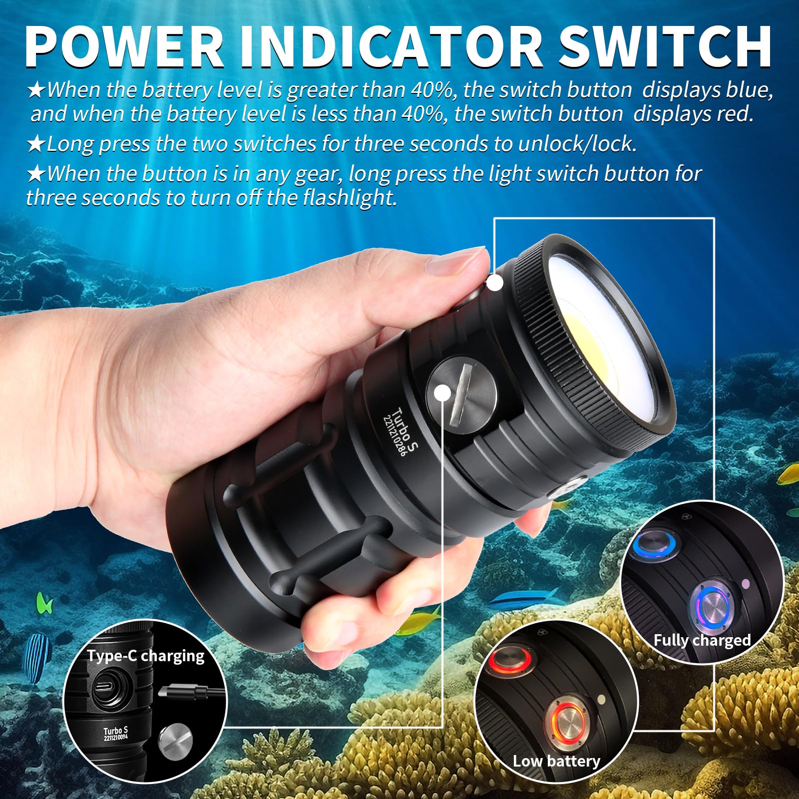 Turbo S Torcia Video Subacquea 10000 Lumen - Lampe Vidéo 120° CRI 92 5200K, Impermeabile 100m, Ricarica USB-C per Foto e Video Subacquei