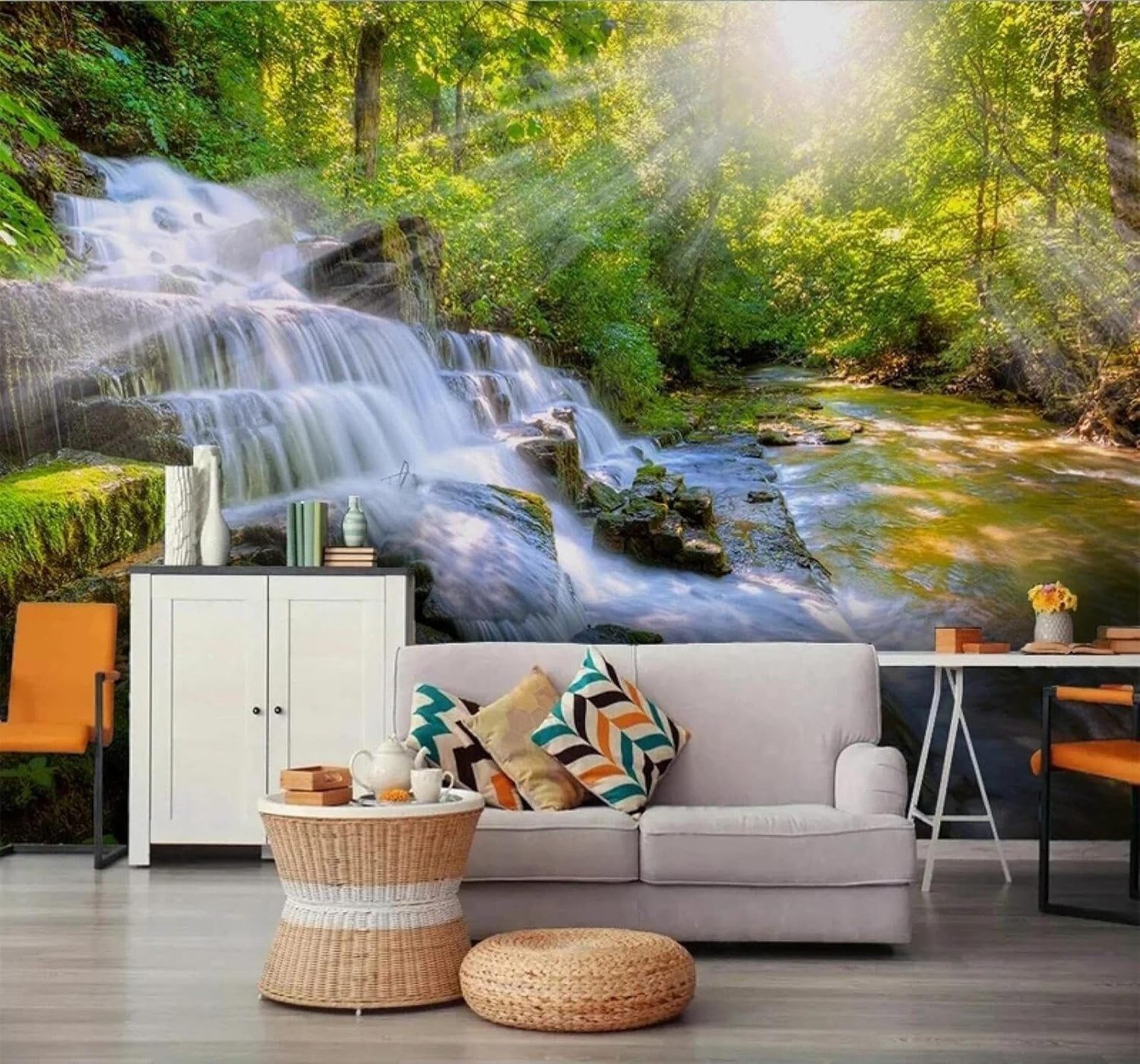 Tzxztt 250Cm×170Cm(B×H) Sunlight Green Forest Waterfall Natural Scenery Modern 3D Wallpaper Premium Textured Silk Neutral Tones Material Ideal For Living Room Bedroom-250Cm×170Cm