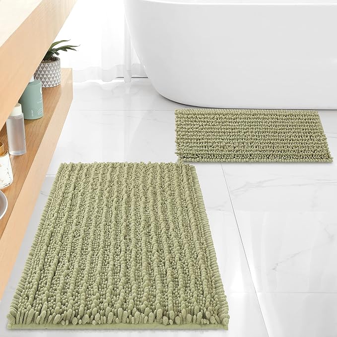 FLOLEOPA Luxury Chenille Sage Green Bathroom Rugs Bath Mats