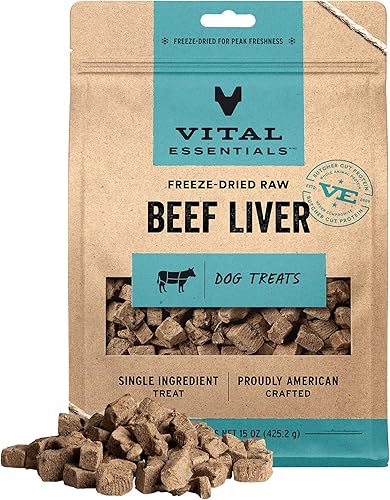 Vital Essentials Golosinas crudas liofilizadas para perros de un solo ingrediente, hígado de res, 15 onzas