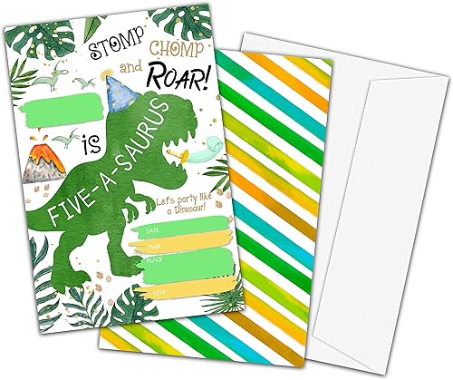 TIOFUNO Invitaciones de 5 cumpleaños, tarjetas de invitación de fiesta de dinosaurios para niños y niñas, 20 invitaciones de relleno de doble cara