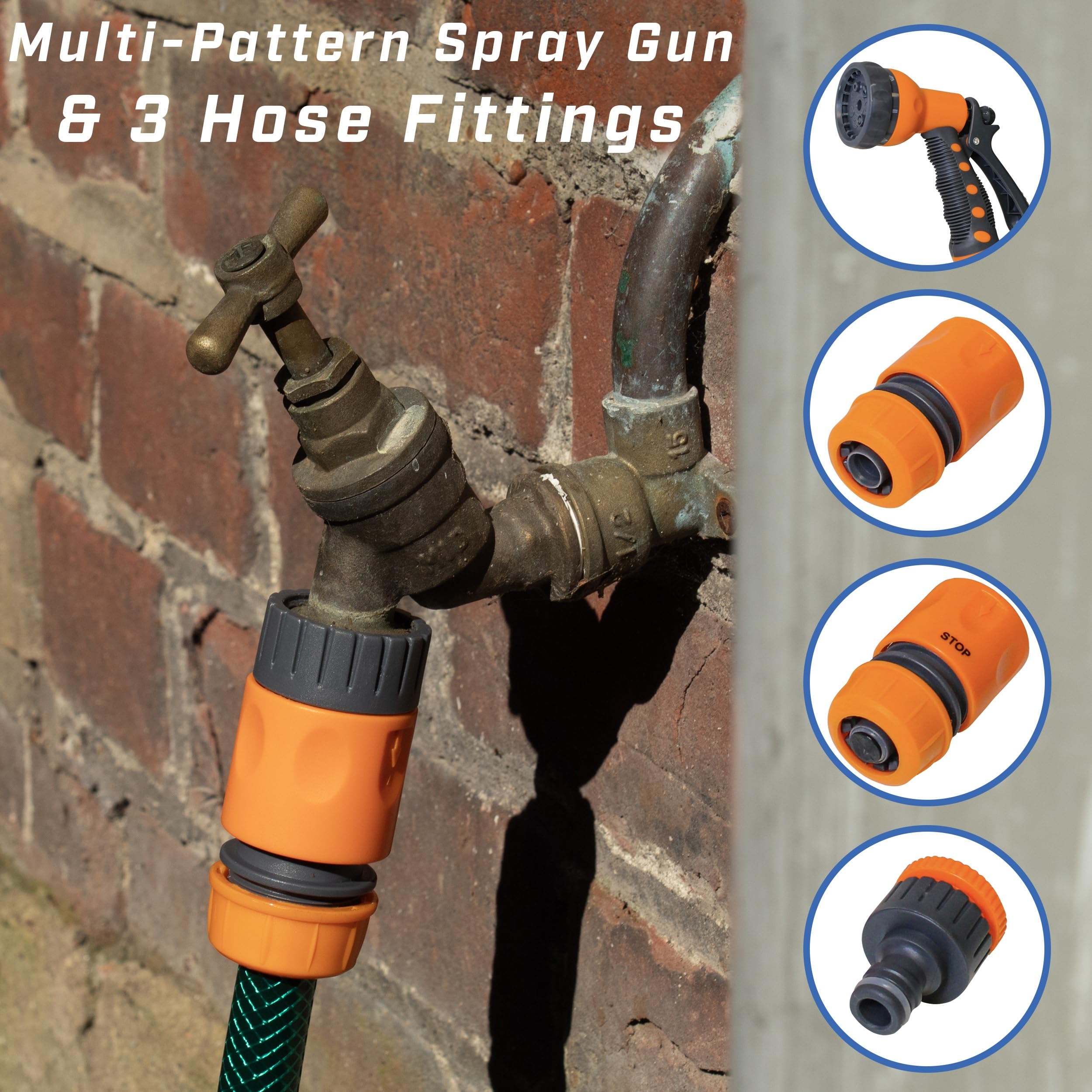 Faithfull 50M (164ft) Reinforced Hose Kit – Heavy-Duty PVC Garden Hose Pipe with 3 Fittings & Multipattern Spray Gun