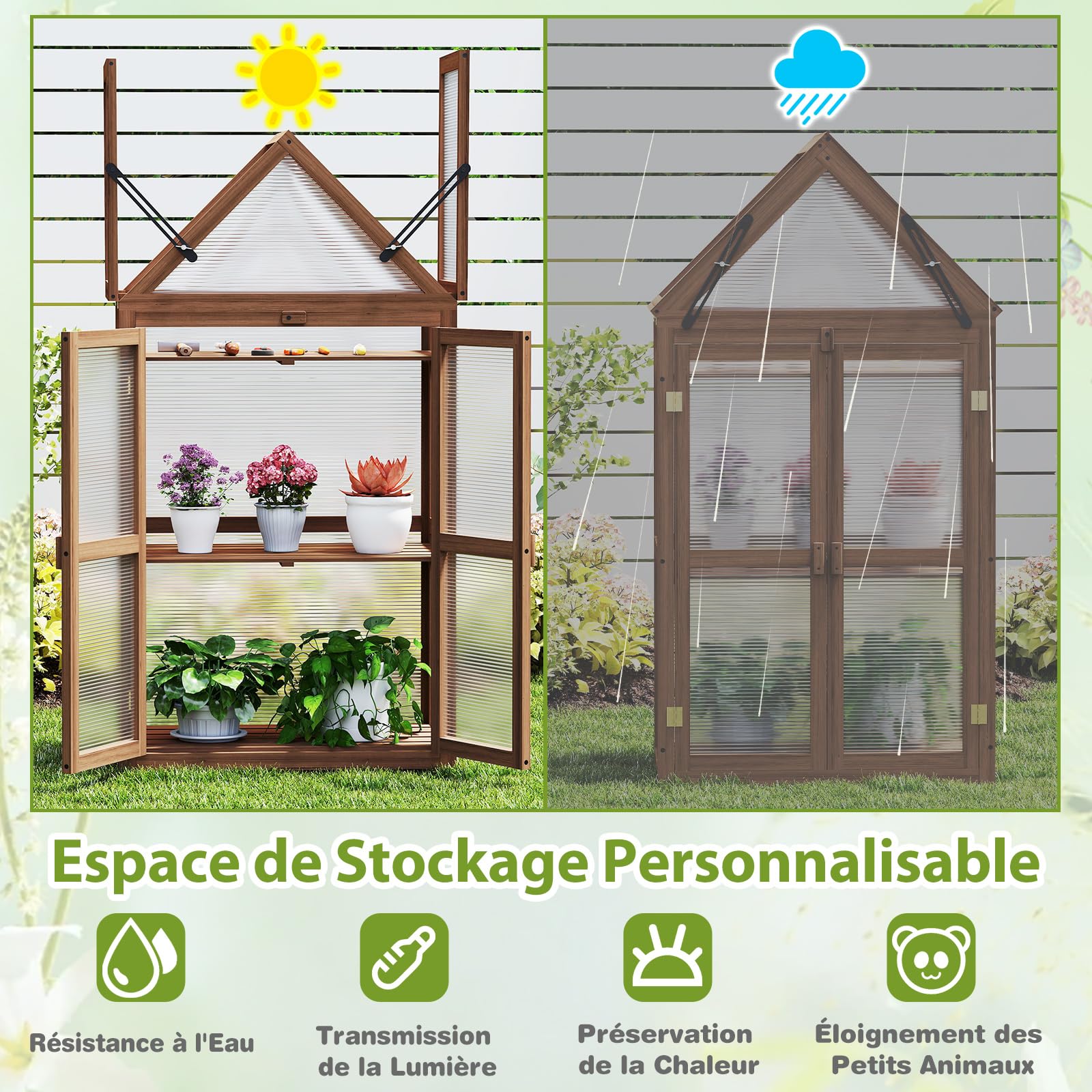 COSTWAY Serre de Jardin à 3 Niveaux en Bois de Sapin, 2 Porte Toit Ouvrant avec Étagères Réglables, Serre à Tomates Protection Transparente en Polycarbonate, 71x41x133cm, Brun