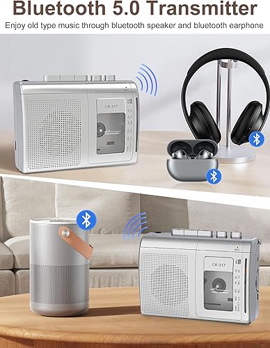 Miniatura 3 de Grabadora de casete con transmisor Bluetooth, Walkman, reproductor de cassette AM FM portátil con altavoz grande, conector estéreo para auriculares,