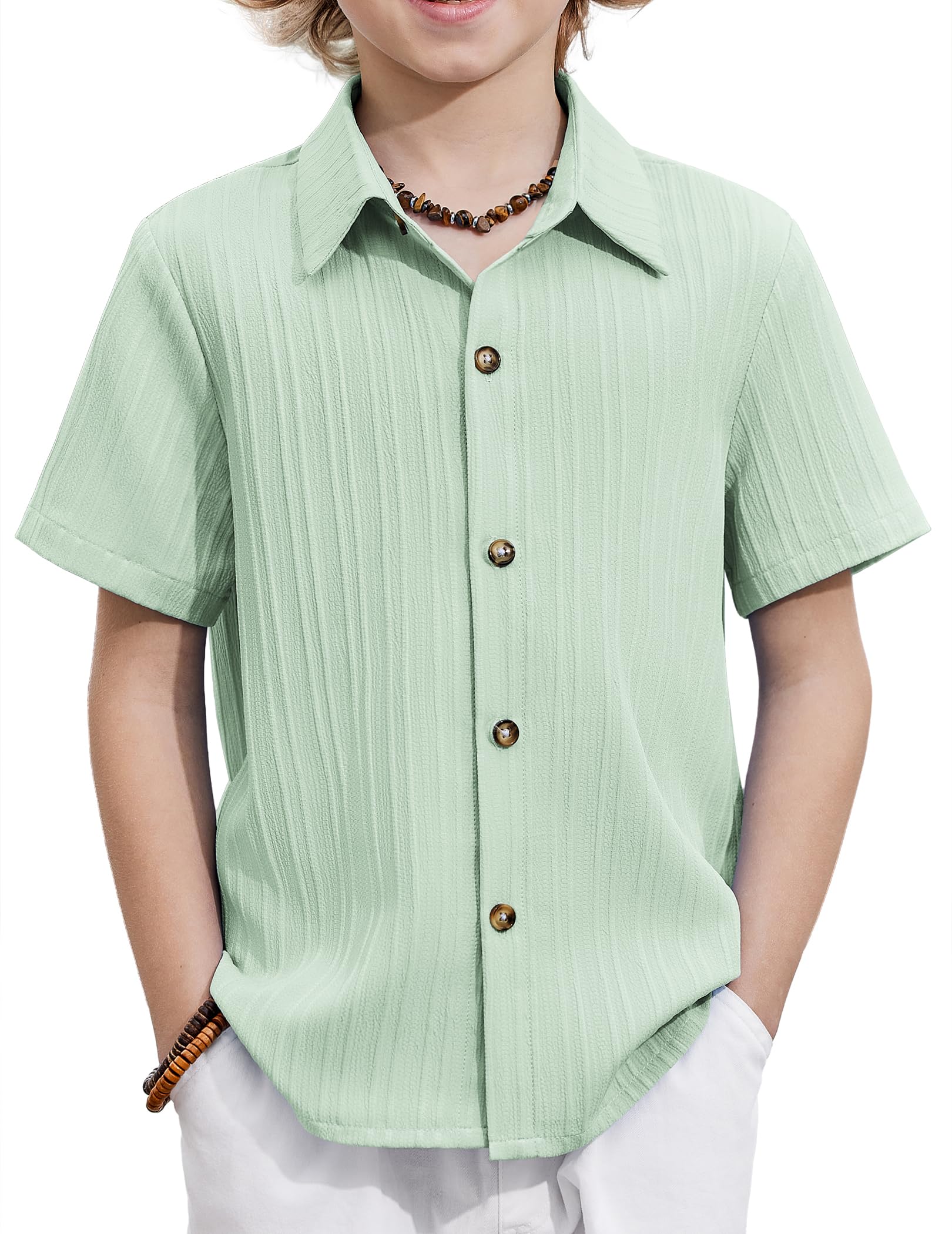 Arshiner Boys Casual Short Sleeve Button Down Shirt Fashion Textured Summer Beach Shirt 3-13 Years Old