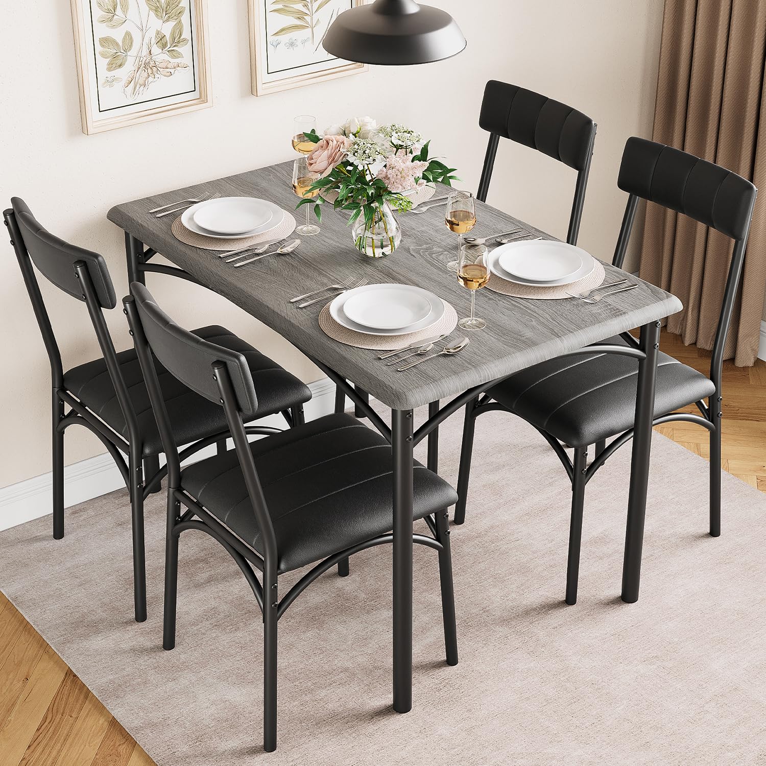 Dining Table Set for 4, Kitchen Table with 4 Upholstered Chairs, 5 Piece Dining Room Table Set, Rectangular Kitchen Table Set for Small Space, Apartment, Home, Studio, Retro Gray