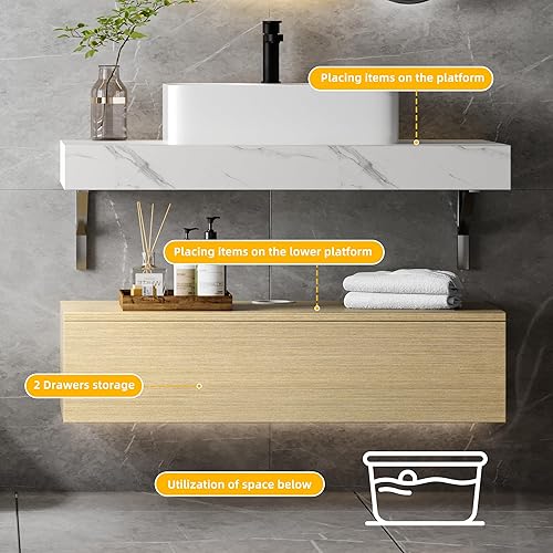 Miniatura 5 de DWVO Mueble de baño con lavabo flotante de 40 pulgadas, armario de tocador de baño montado en la pared con mesa de pizarra, lavabo de cerámica