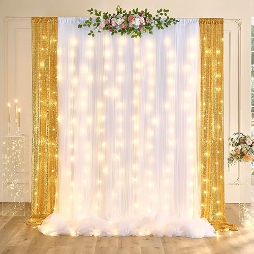 Miniatura 6 de Cortina de telón de fondo de tul blanco de 10 x 10 pies con cuerda de luz para bodas, fiestas, doble capa, sin arrugas, foto, telón de fondo de tul