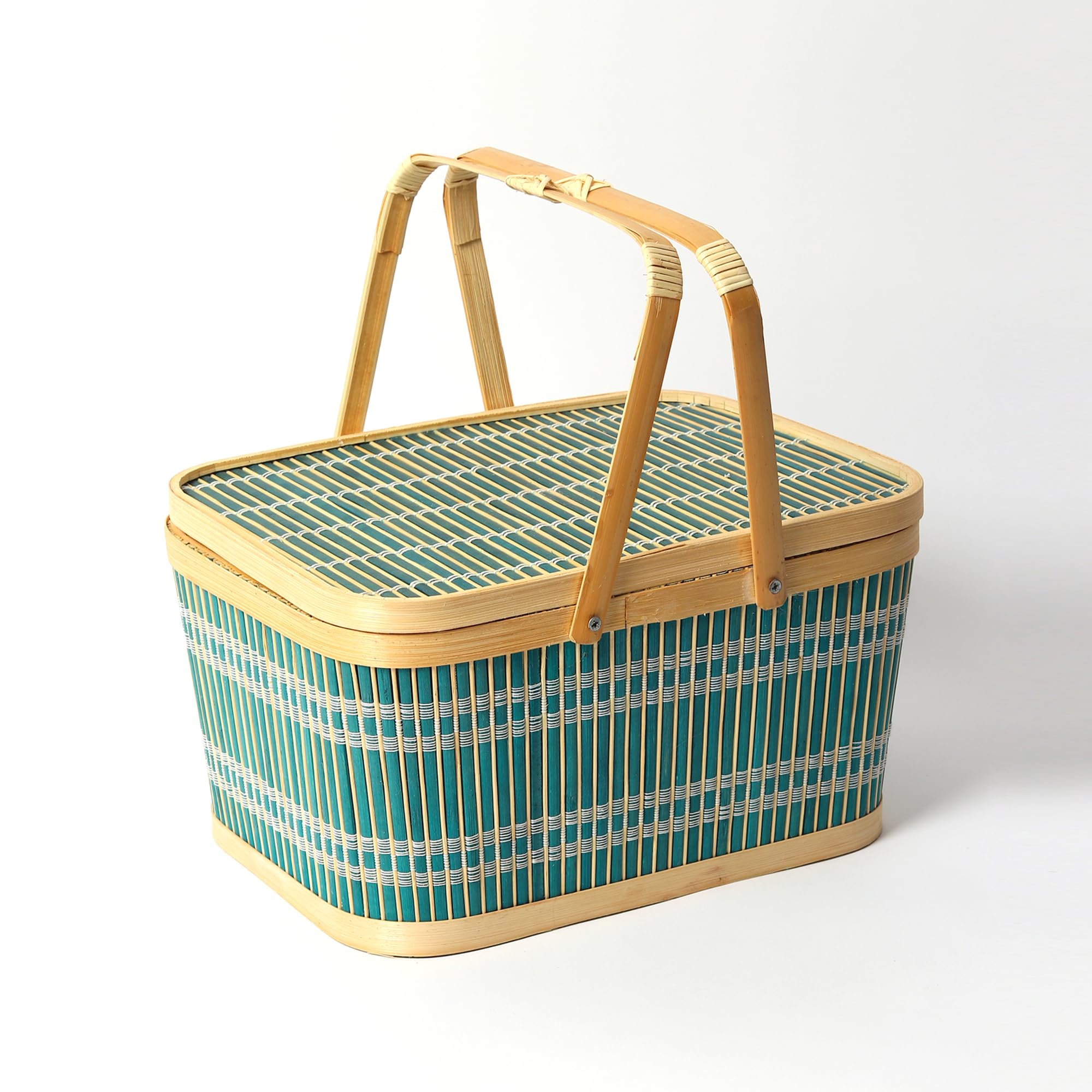 Habere India-All the Cultures Fabricating India Basket for Lunch | Bamboo Picnic Basket with Top Handle | Wicker Morden Picnic Baskets Ideal for Outdoor Dining and Family Picnics (Green) 1