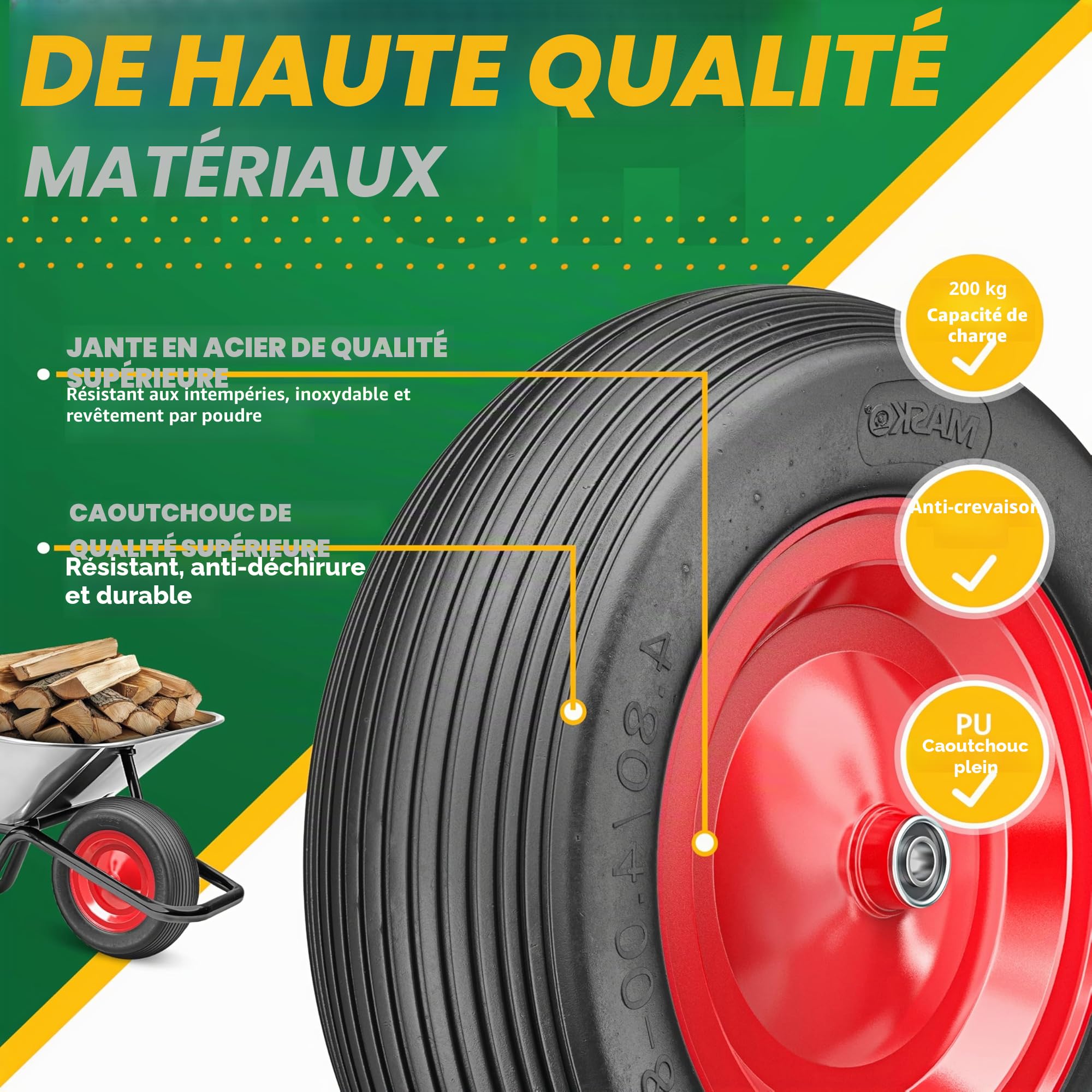 MASKO® Roue de brouette PU en caoutchouc plein 200 kg increvable 4,80/4,00-8 Ø 390 mm incl. essieu Roue de remplacement Roue en caoutchouc jante en acier Pneu increvable pour brouette