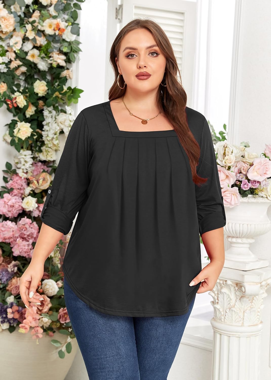 Women's Plus Size Long Sleeve 3/4 Sleeve Tunics Square Neck Tops Casual Loose Fit T Shirt Blouse Fall Tops XL~5XL - Image 4