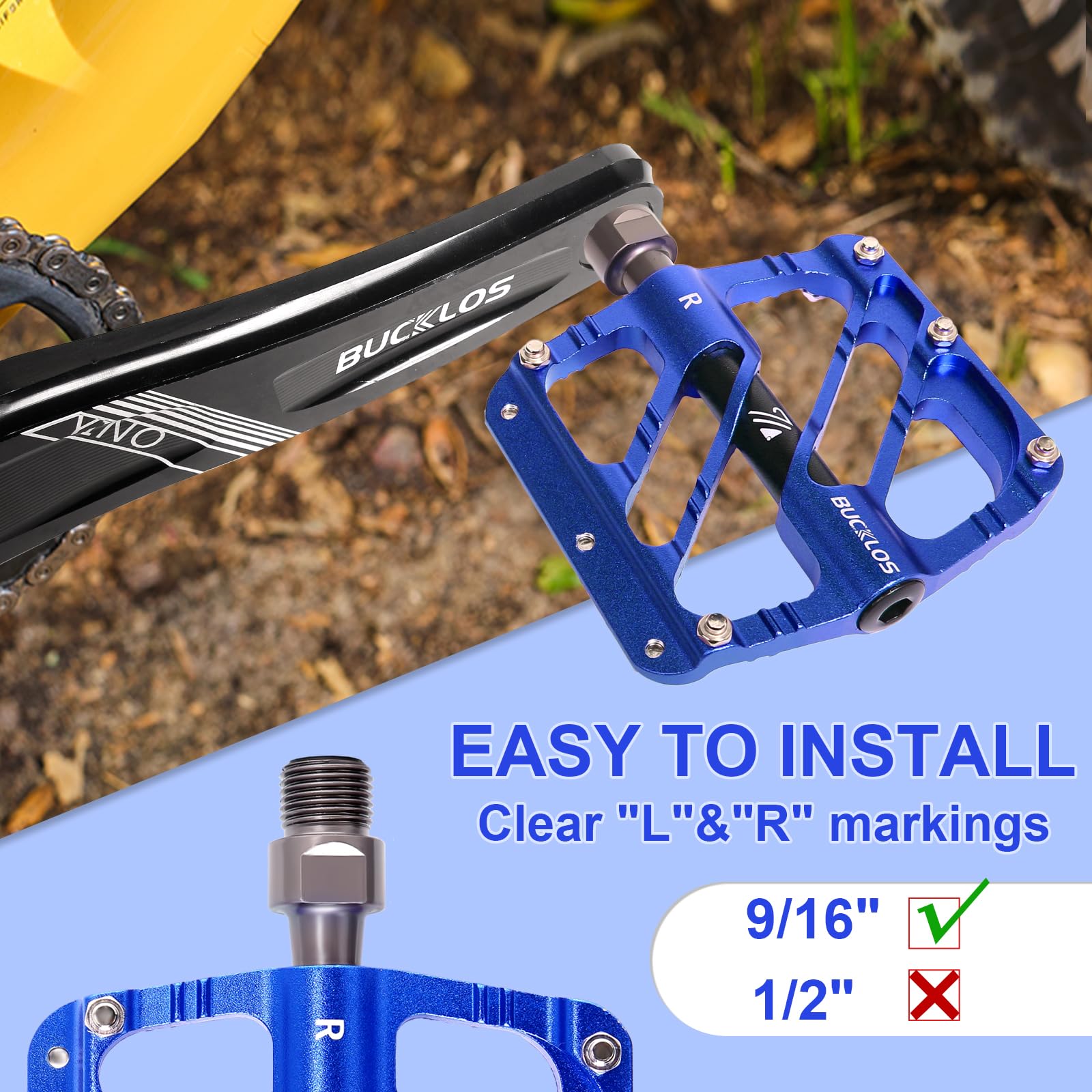 BUCKLOS Mountainbike-Pedale, flach, 3 Kugellager, CNC-Mountainbike-Pedale für Erwachsene, Fahrradplattform, Aluminiumlegierung, rutschfestes Pedal für Gravel-Bike/BMX, 9/16 Zoll (blau) Sport & Freizeit