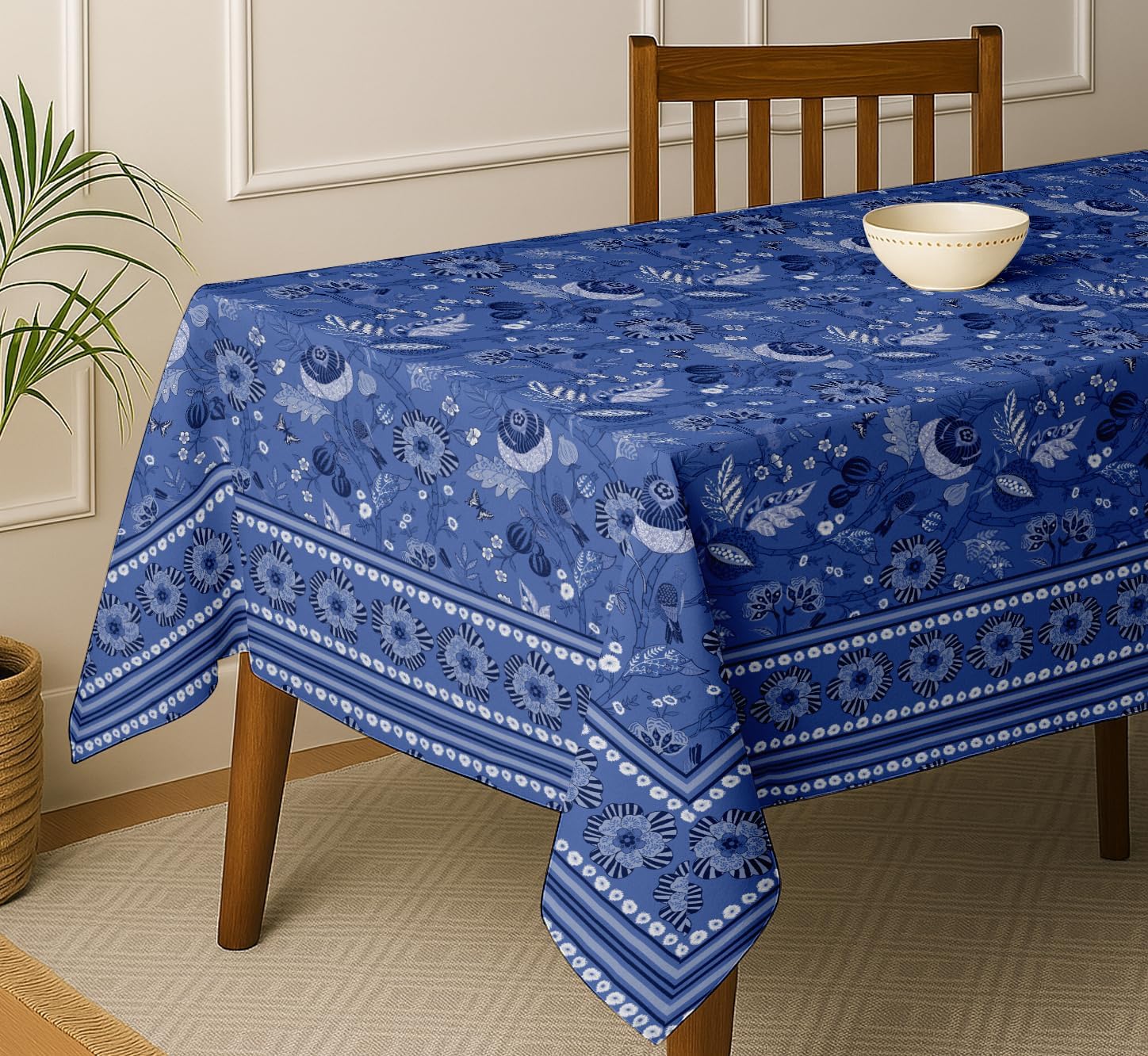 Floral Design Tablecloth- Blue 60x60 Inch Cotton Twill Dining Table Cover, Perfect for 4 Seater Tables, Durable, Protective & Washable, Ideal for Everyday Use, Festive Occasions & Gatherings