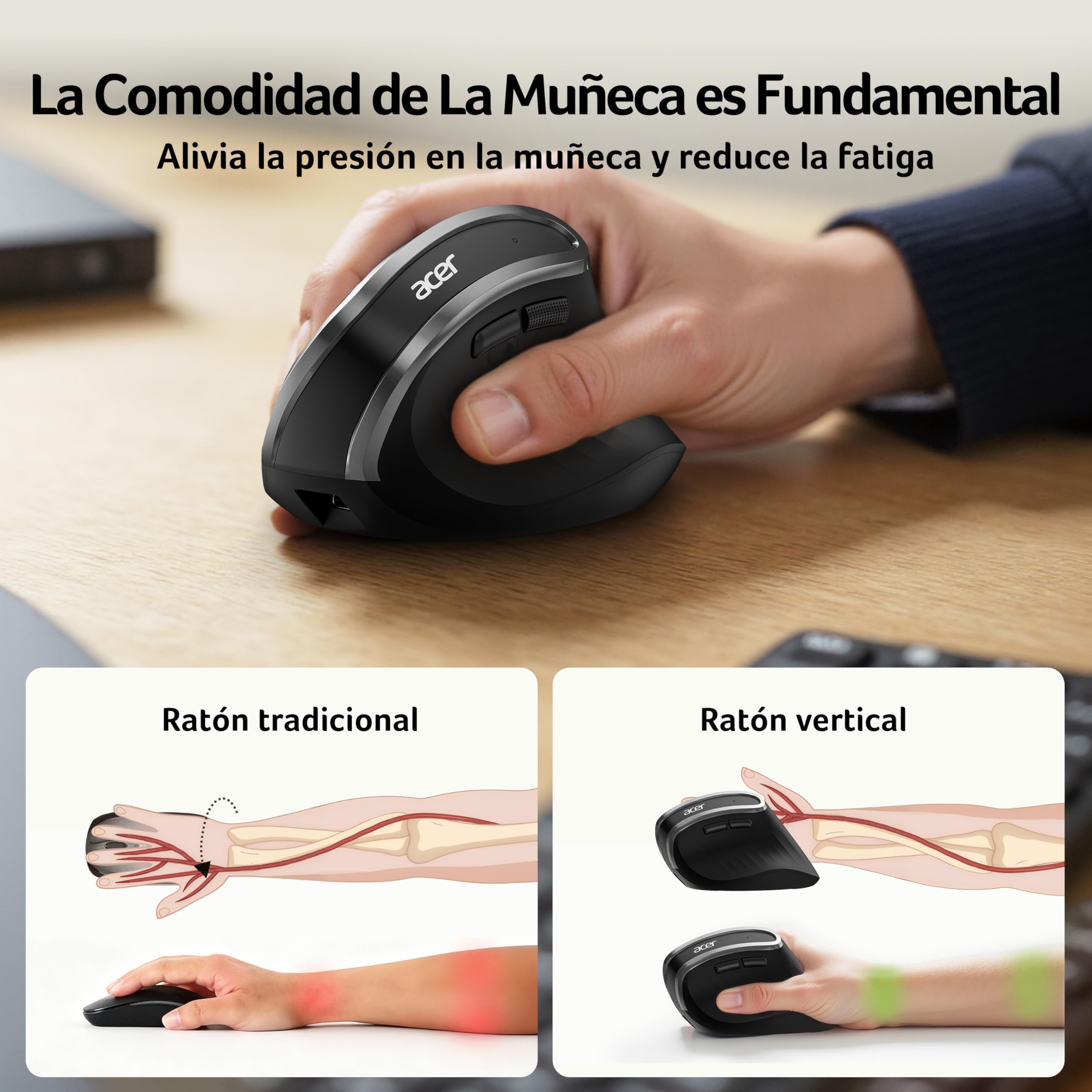 Acer Ratón Ergonómico 2.4G, Ratón Vertical Inalámbrico 1600 dpi | Wireless Mouse Recargable con Receptor USB-A para PC y Portátiles, Compatible con Windows, macOS, Linux, etc.