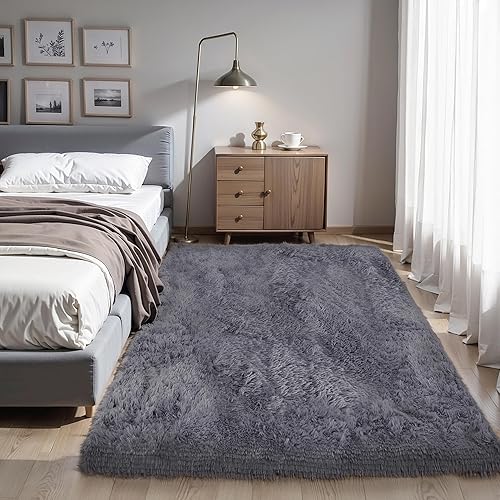 Miniatura 60 de Alfombras mullidas de 4 x 6 pies para dormitorio de niñas, alfombra de pelo largo lavable en arco iris para habitación de niños, guardería