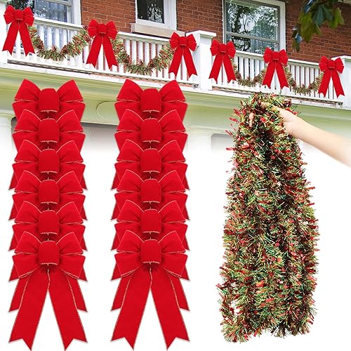 Miniatura 1 de Jutom Guirnalda de oropel de Navidad de 30 pies para barandilla de escaleras con 12 lazos de terciopelo rojo de 12 pulgadas para decoración de