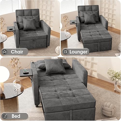 Miniatura 5 de Vabches Sofá cama 3 en 1 con mesa de ala y puertos USB, silla de terciopelo con respaldo ajustable, fácil montaje, gris oscuro