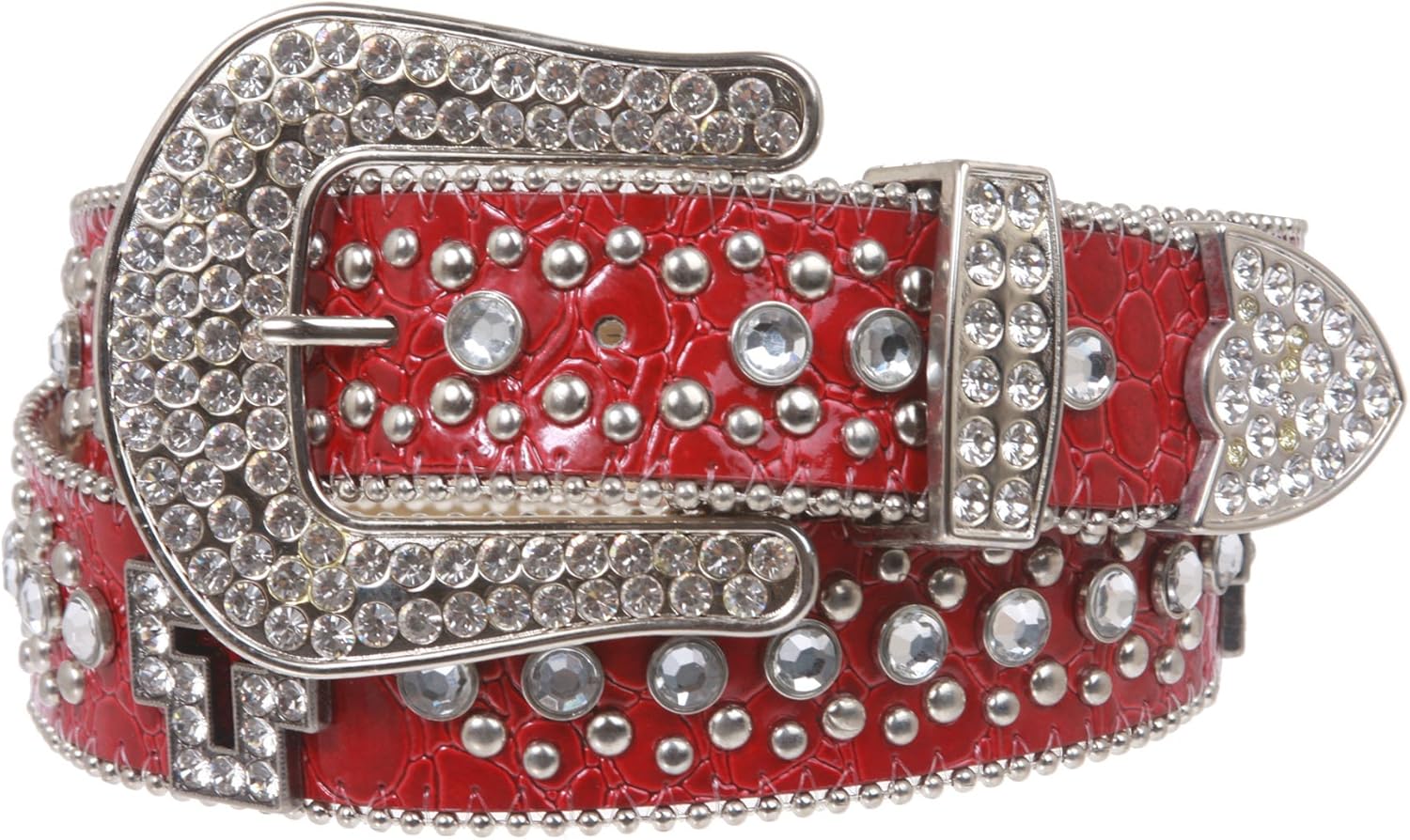 Western Rhinestone Cross Ornaments Croco Print Genuine Leather Belt