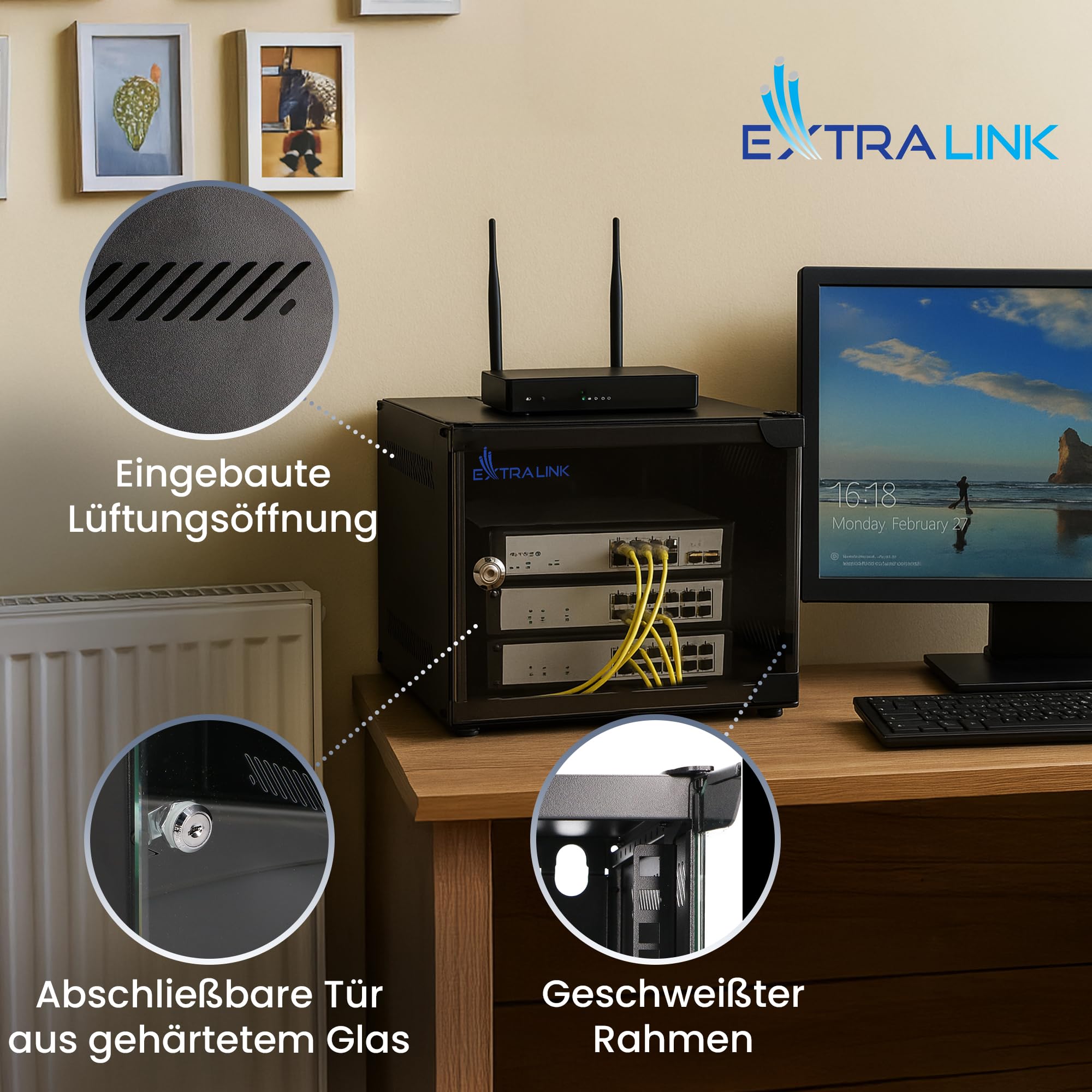 Extralink Netzwerkschrank 10 Zoll 6HE - Serverschrank 310 mm Tiefe - Stand- oder Wandmontage, Traglast 30 kg, 180° Öffnung, Schwarz – ideal für Heimnetzwerk & IT-Geräte