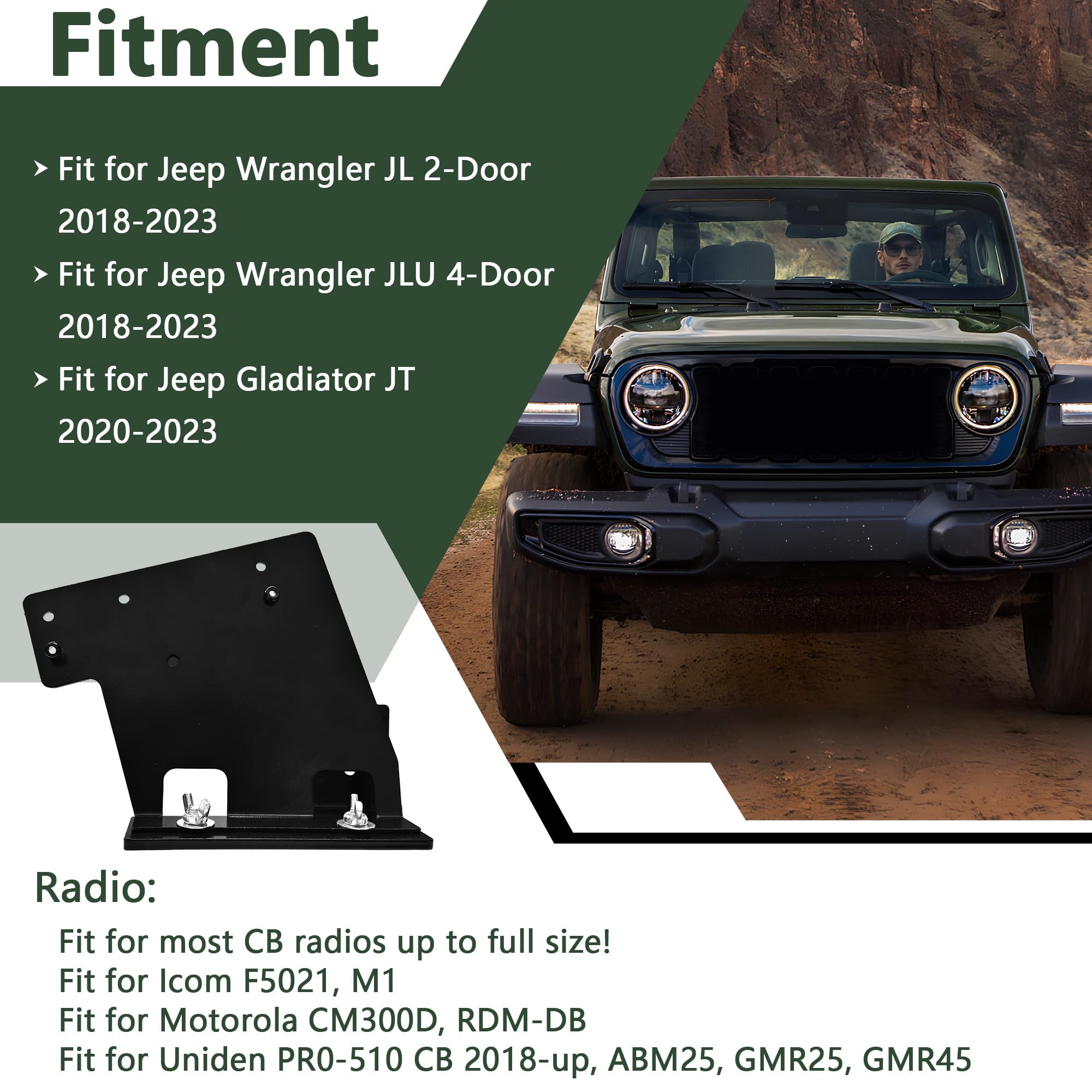 Uniwersalny uchwyt radiowy CB kompatybilny z Jeep Wrangler JL JLU 2018-2024 i Gladiator JT 2020-2024, uchwyt szybkiego odłączania do konsoli środkowej (po stronie pasażera)