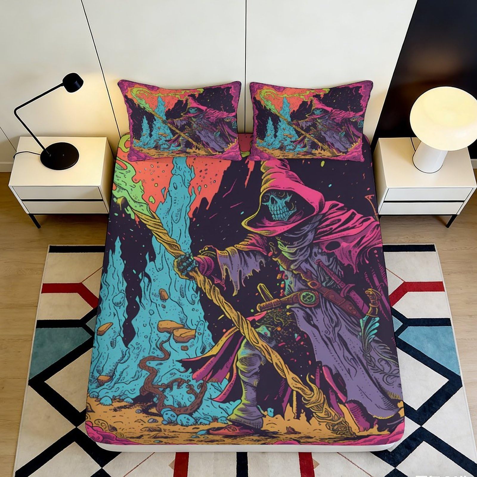 3D Printed Wizard Skull Fitted Sheet Microfiber Colorful Fantasy Sorcerer Bed Cover for Bedroom Dorm Mattress Protection Decor 200x200x25cm