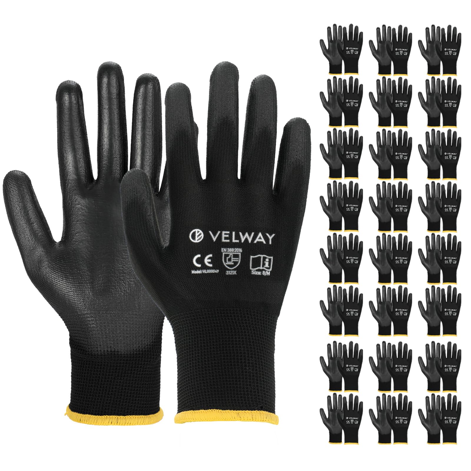 Velway 24 Pairs Safety Work Gloves PU Coated Secure Grip, Black, Size 8/M