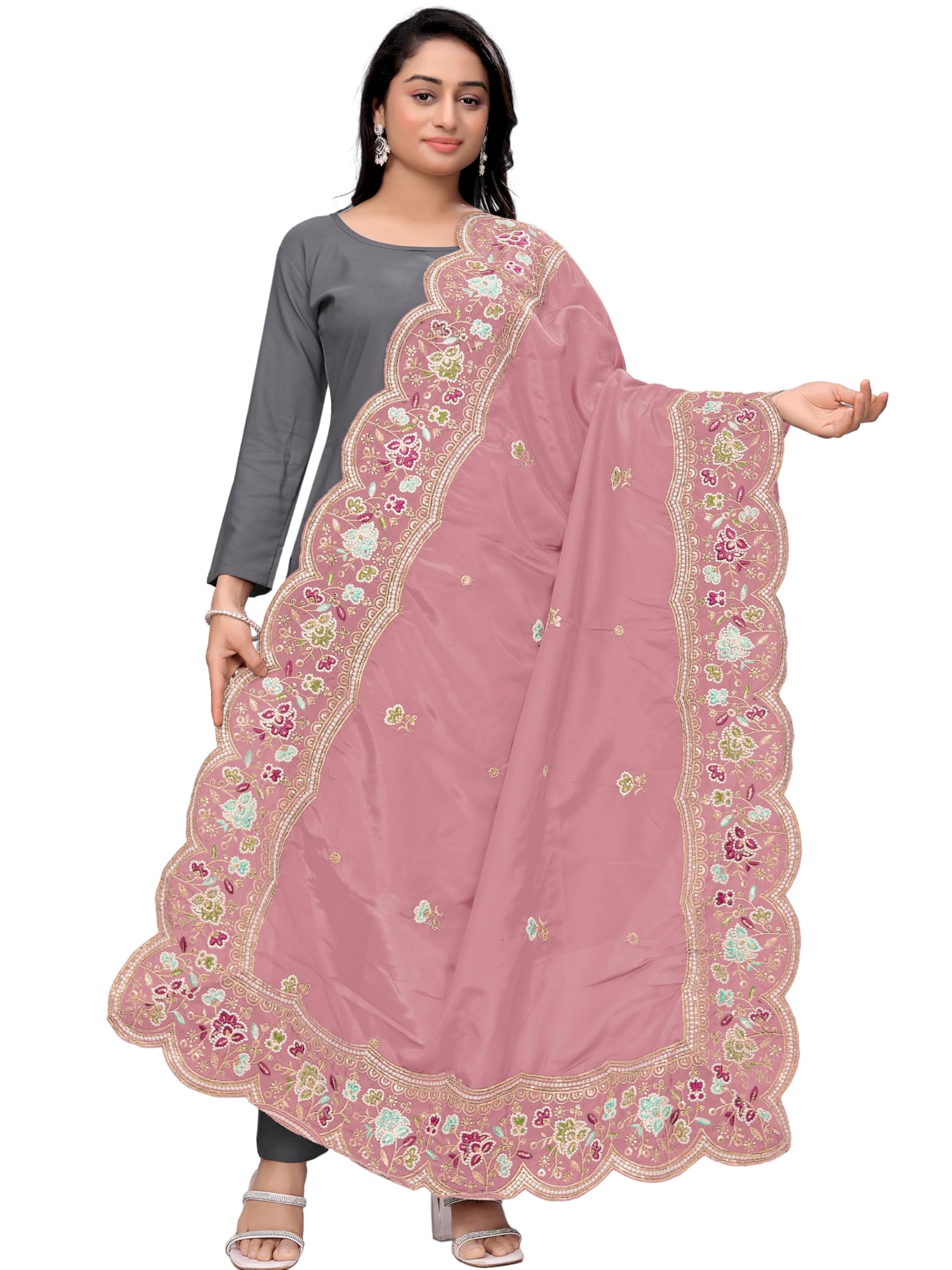 kemza Women Art Silk Phulkari Embroidered Dupatta with Lace Border-picture-29