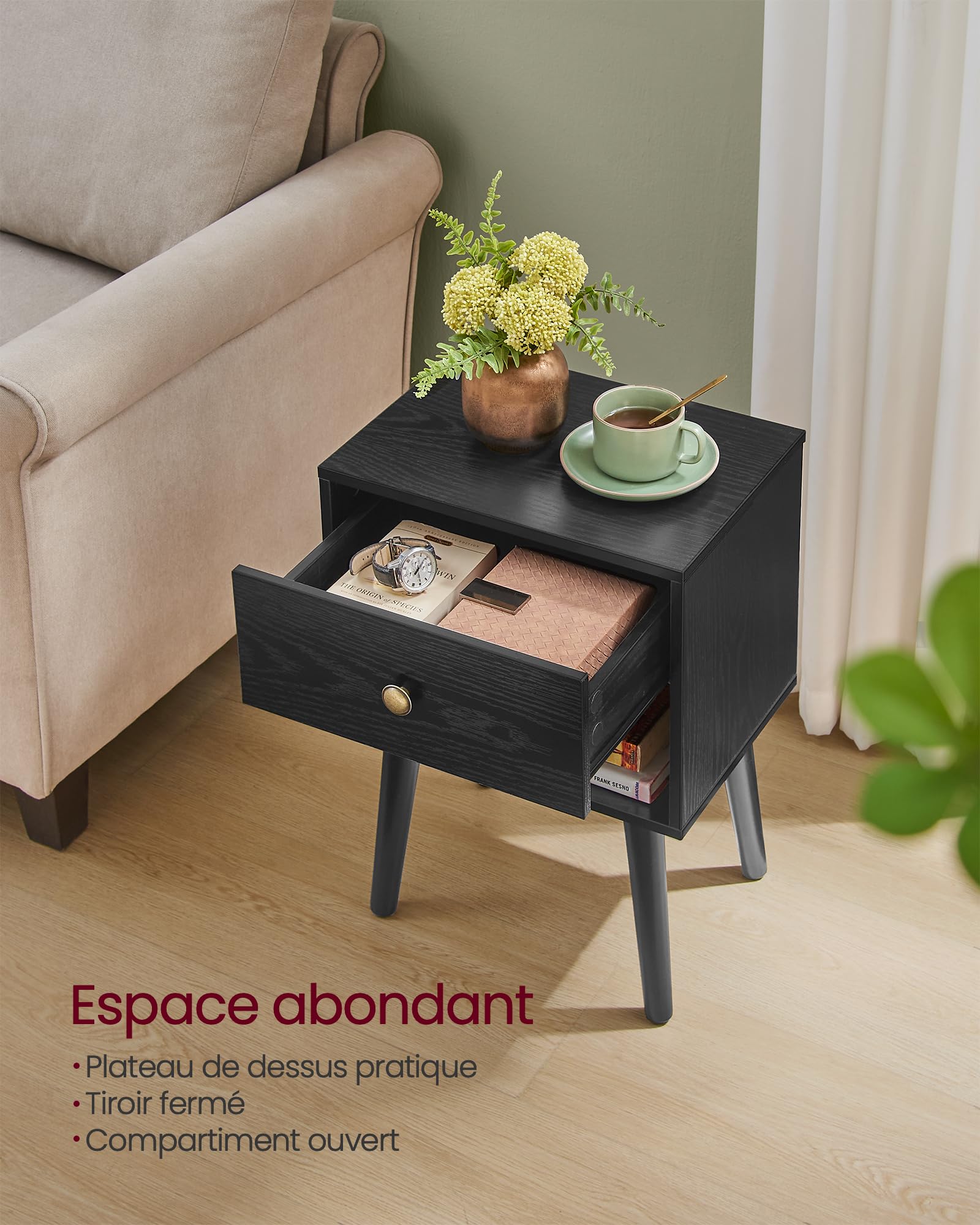 VASAGLE Table de Chevet, Table d'appoint avec tiroir de Rangement et étagère Ouverte, Pieds en Bois Massif, Table d'appoint pour Salon, Chambre à Coucher, canapé, Noir ébène LET655B56