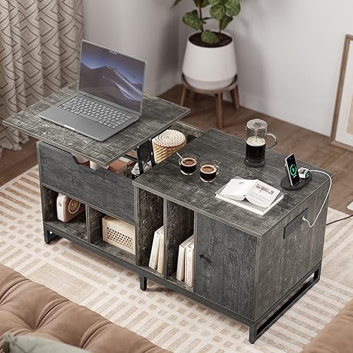 AOGLLATI Lift Top Coffee Table With Storage Hidden Compartment and Open Shelf Farmhouse Coffee Table With Charging Station Wood Lift Tabletop